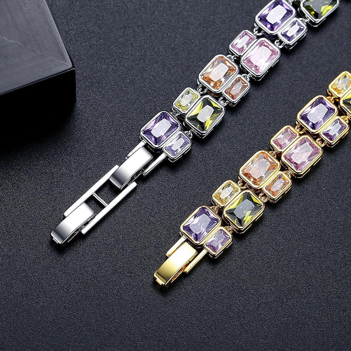 14K Gold Multi-Color Double Layer Moissanite Bracelet, Women's Luxurious Style, Unique Fashion Accessory