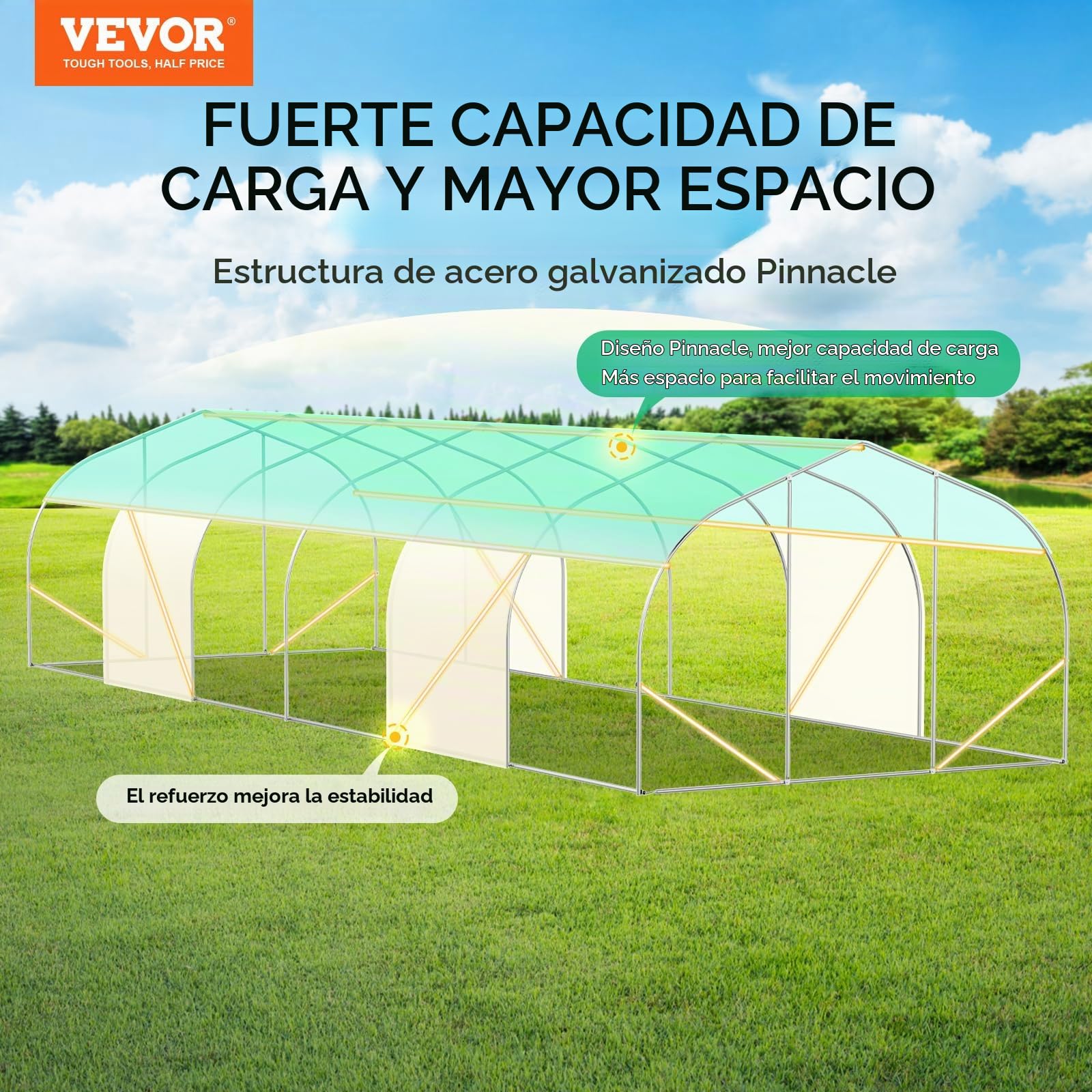 VEVOR Invernadero Túnel 900x300x200 cm Carpa Refugio para Plantas con Estructura de Acero Galvanizado Cubierta de PE Verde Puerta Enrollable con Cremallera 12 Ventanas para Cultivo de Verduras Flores