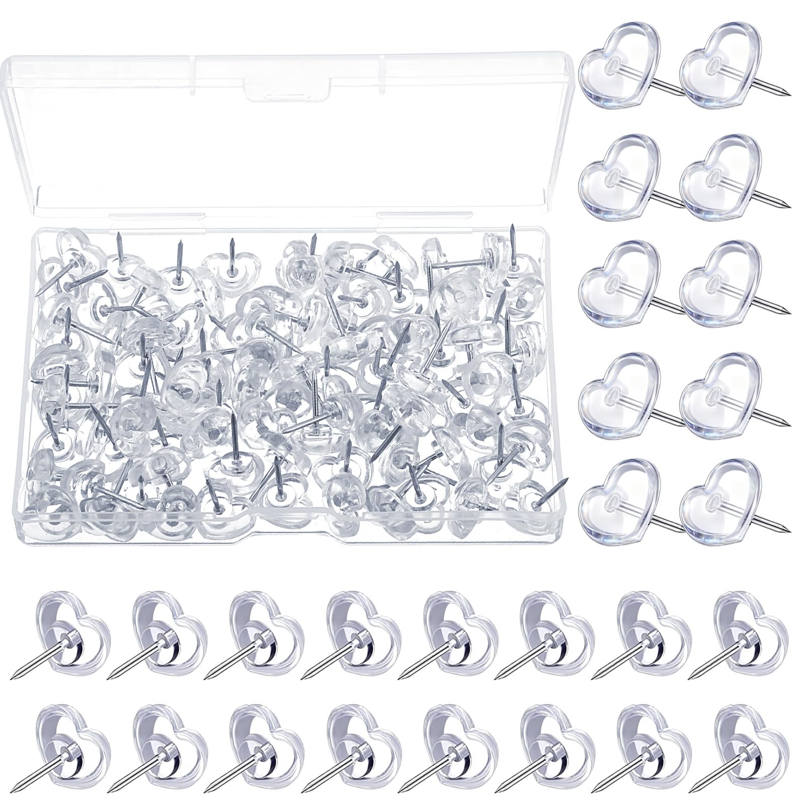 100 Pieces Heart Push Pins, Clear Thumb Tacks, Cute Push Pin for Corkboard, Wall, Board, Posters, Maps, Photos, Home Office Decorative