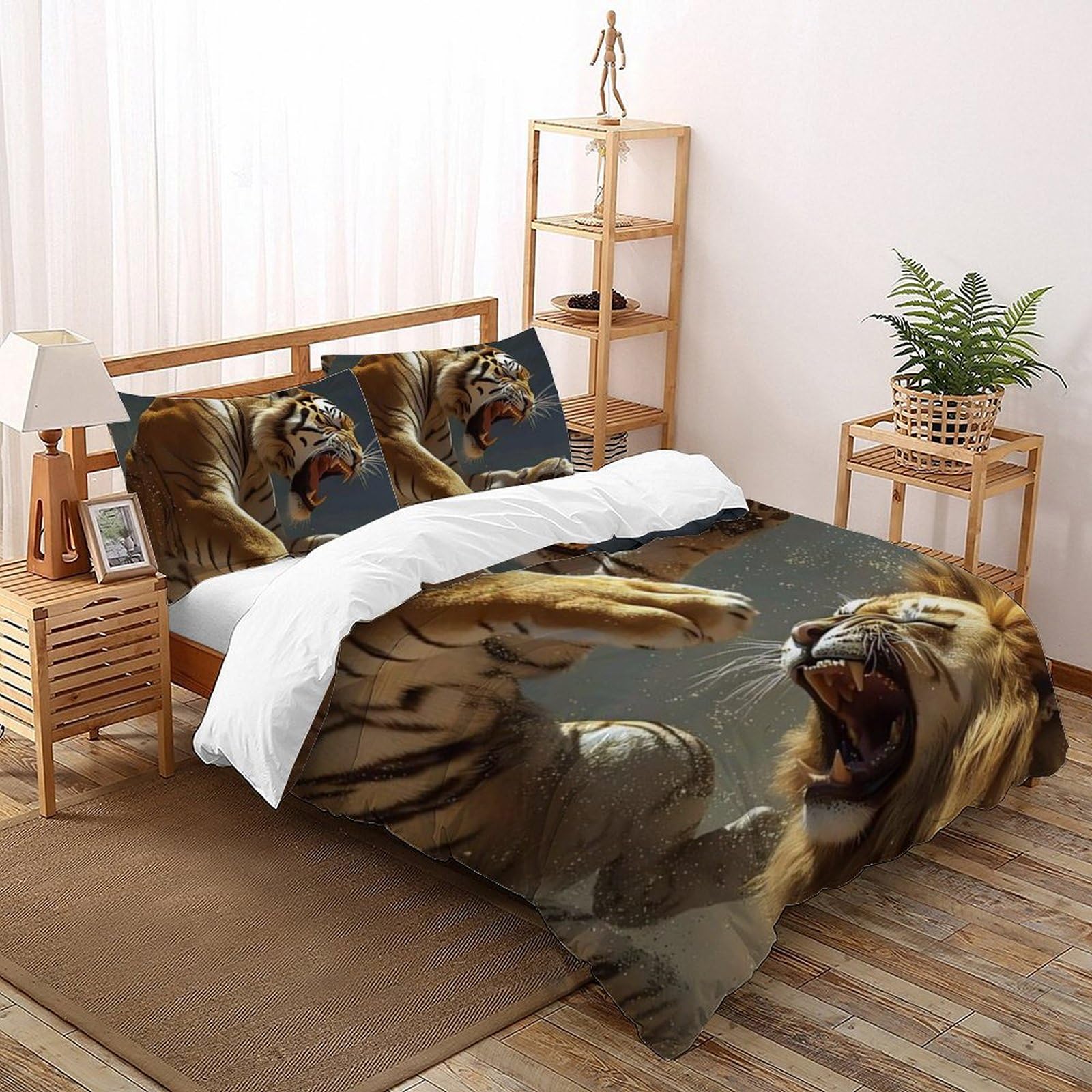 Housse de couette double lion animaux imprimé 3D avec taies d'oreiller microfibre