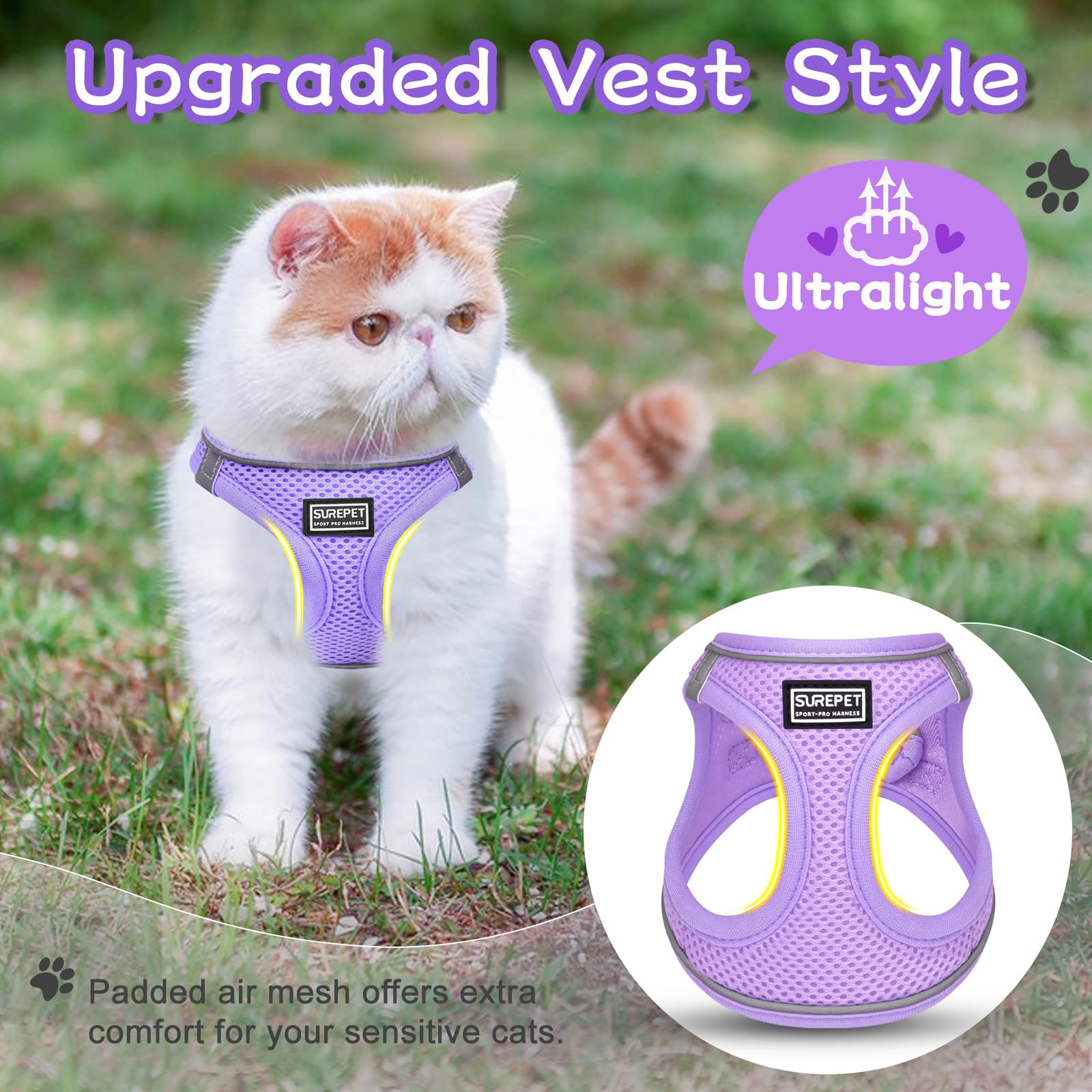 Cat Harness and Lead Escape Proof,Adjustable Soft Mesh Kitten Vest Harness for Walking Reflective Pet vest for Cat Small Dogs Puppy (Purple - Image 2