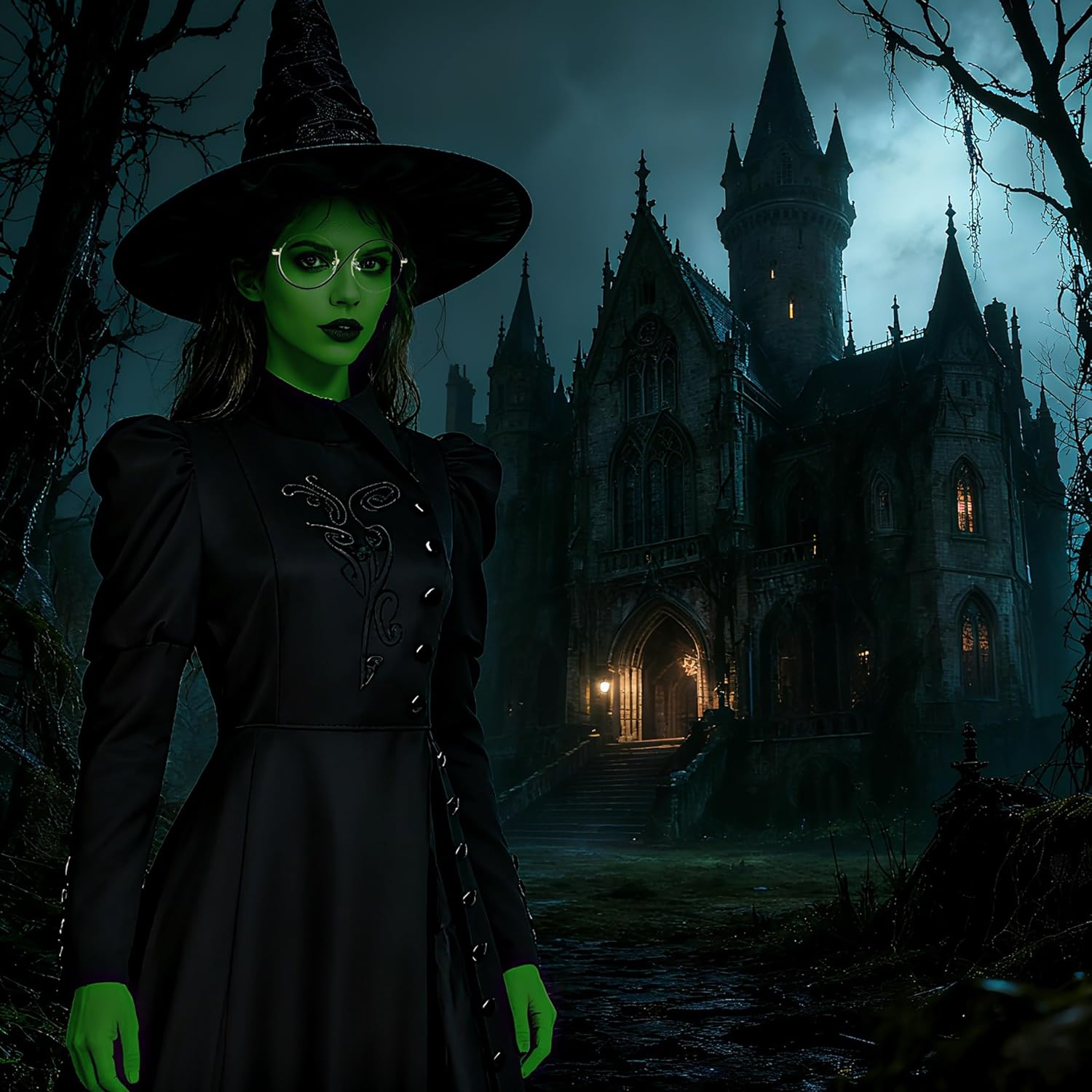 Eelphabba Costume, Wicked Costume Women Set with Hat & Glasses, Black Dress for Halloween Cosplay Themed Party
