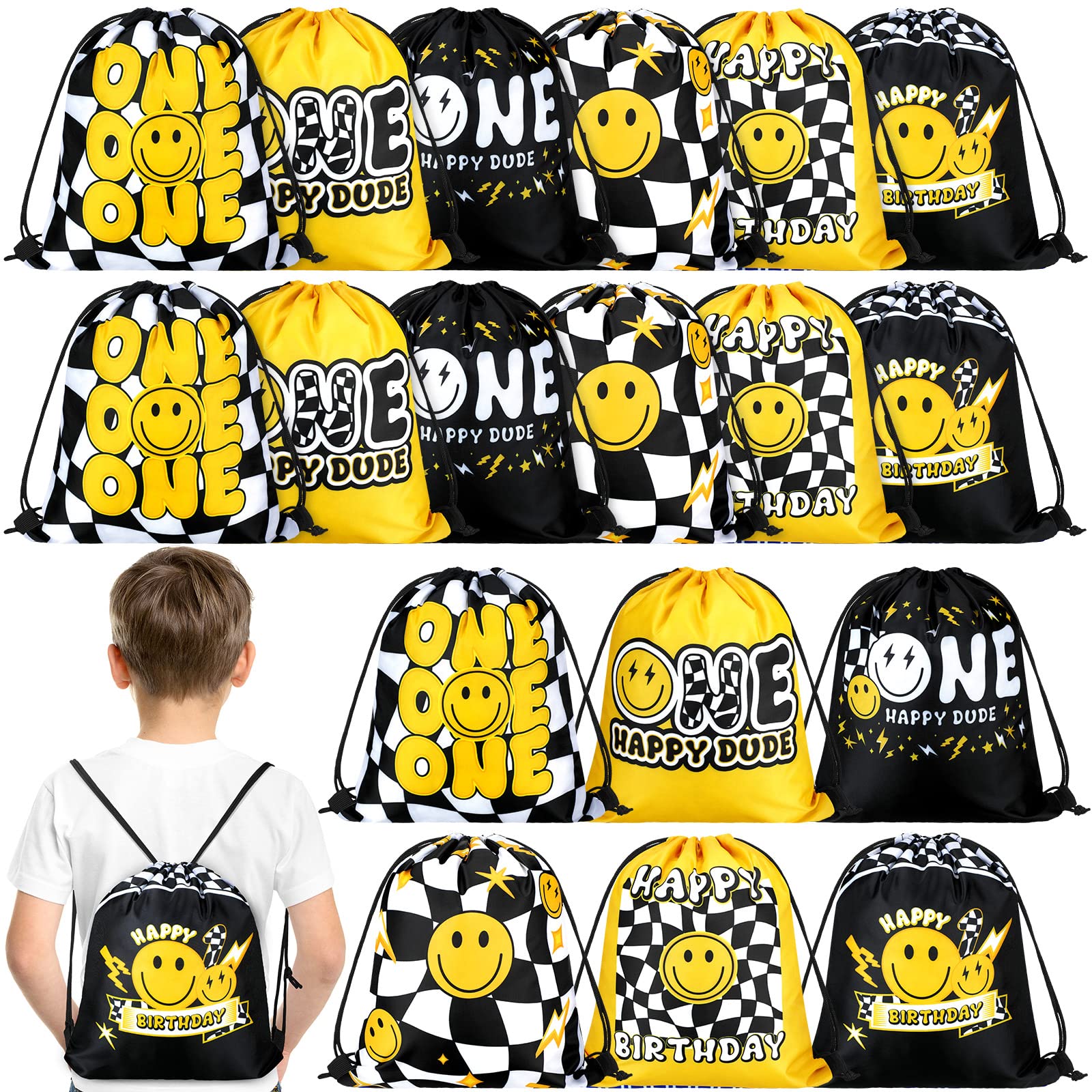 Sweetude 18 Pcs One Happy Dude Party Favors Bags Smile Face 1st Birthday Gift Goodie Bag Drawstring Backpack for One Happy Dude Birthday Party Decor