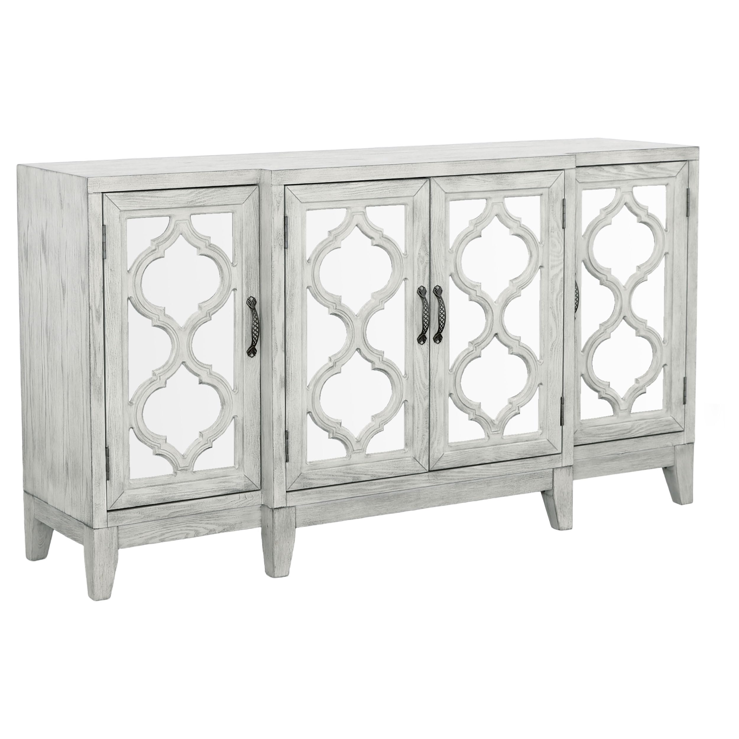Coaster Home Furnishings - Mckellen - 4-Door Wood Accent Cabinet with Mirror, Trellis Design, Farmhouse Style - Living Room, Entryway & Home Kitchen - Distressed White - 953376