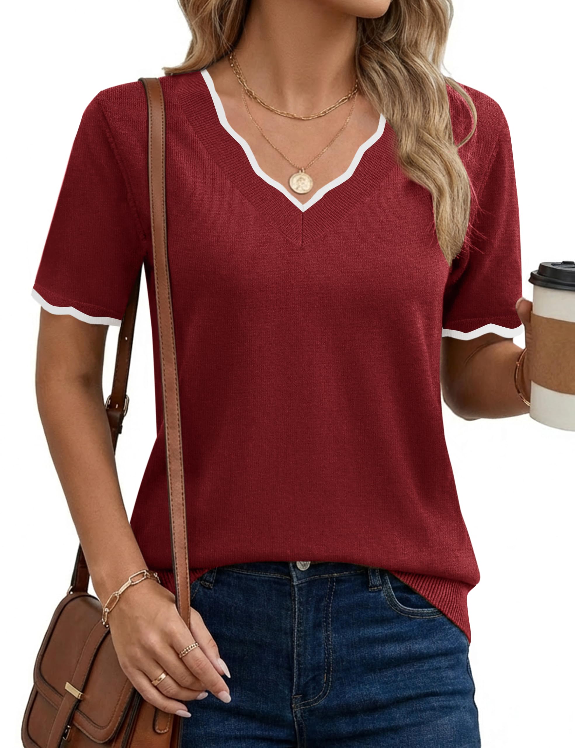 LaGracia Short Sleeve Sweater for Women V Neck Pullover Sweaters Color Block Summer Tops