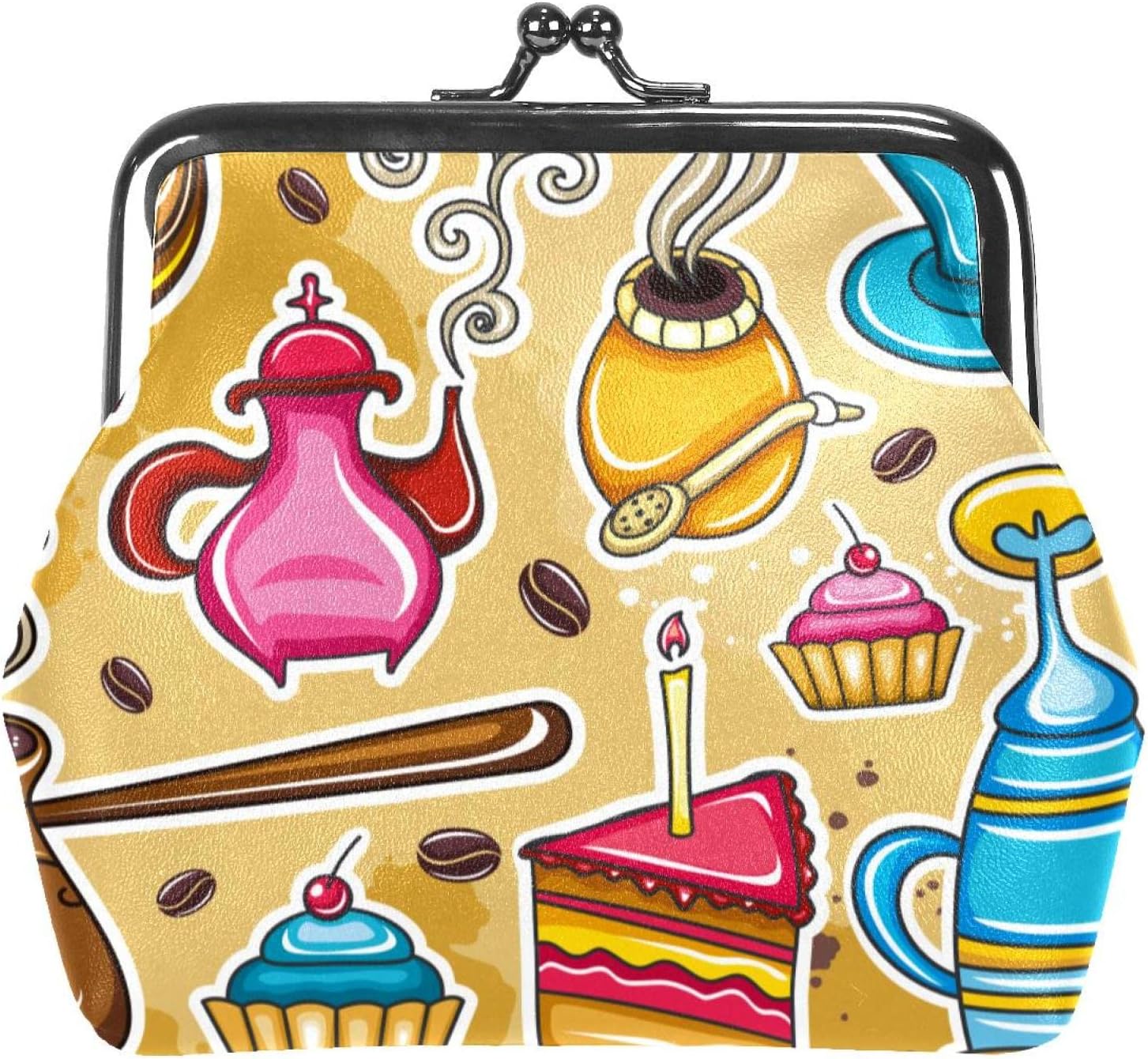 Vintage Cartoon Coffee Beans Cake Tea Cup Pattern Coin Purse Vintage Pouch Buckle Clutch Bag Kiss-Lock Change Purse Clasp Closure Wallets for Women Girl
