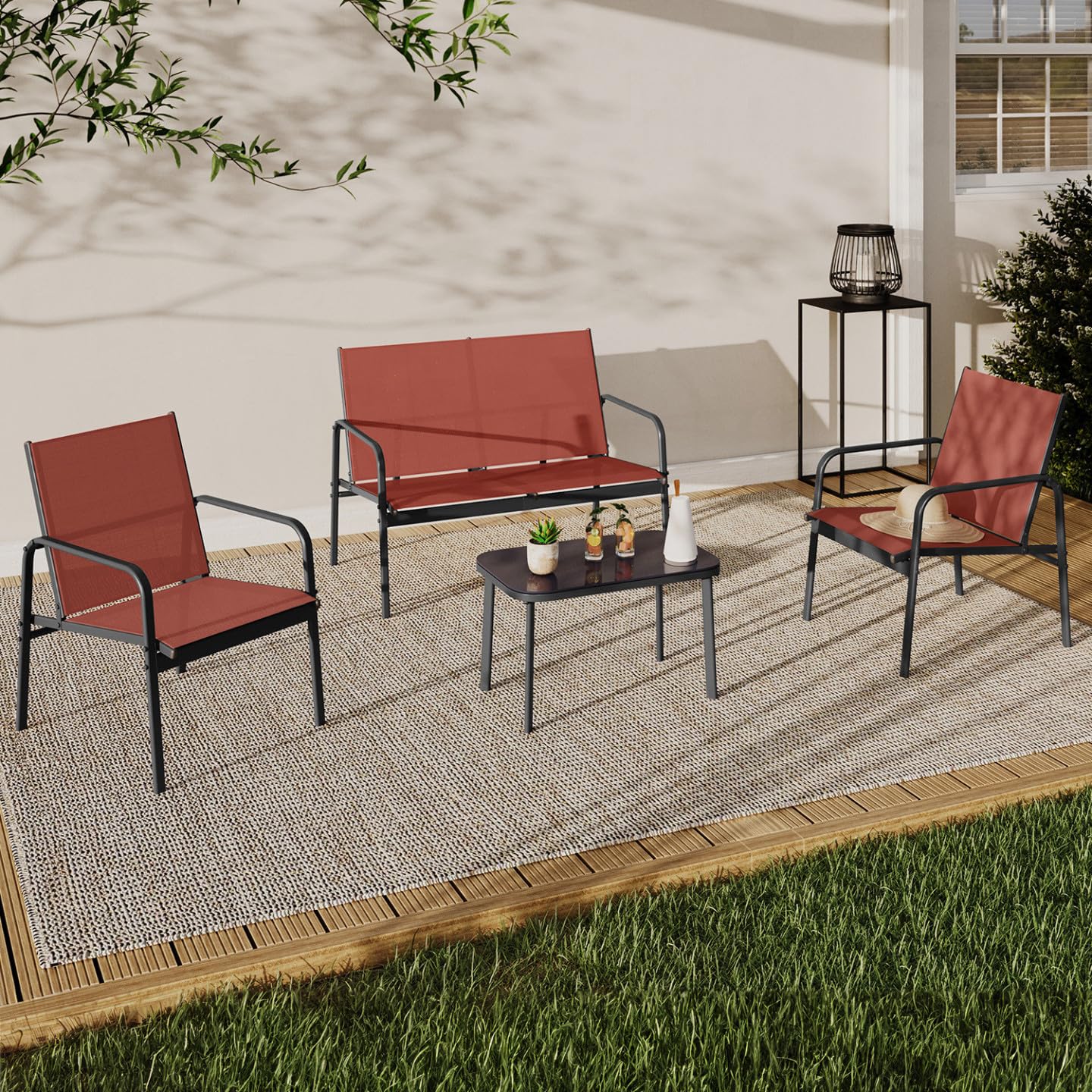 IDMarket - Salon de Jardin Bas TOLEDE 4 Places avec canapé, fauteuils et Table Terracotta