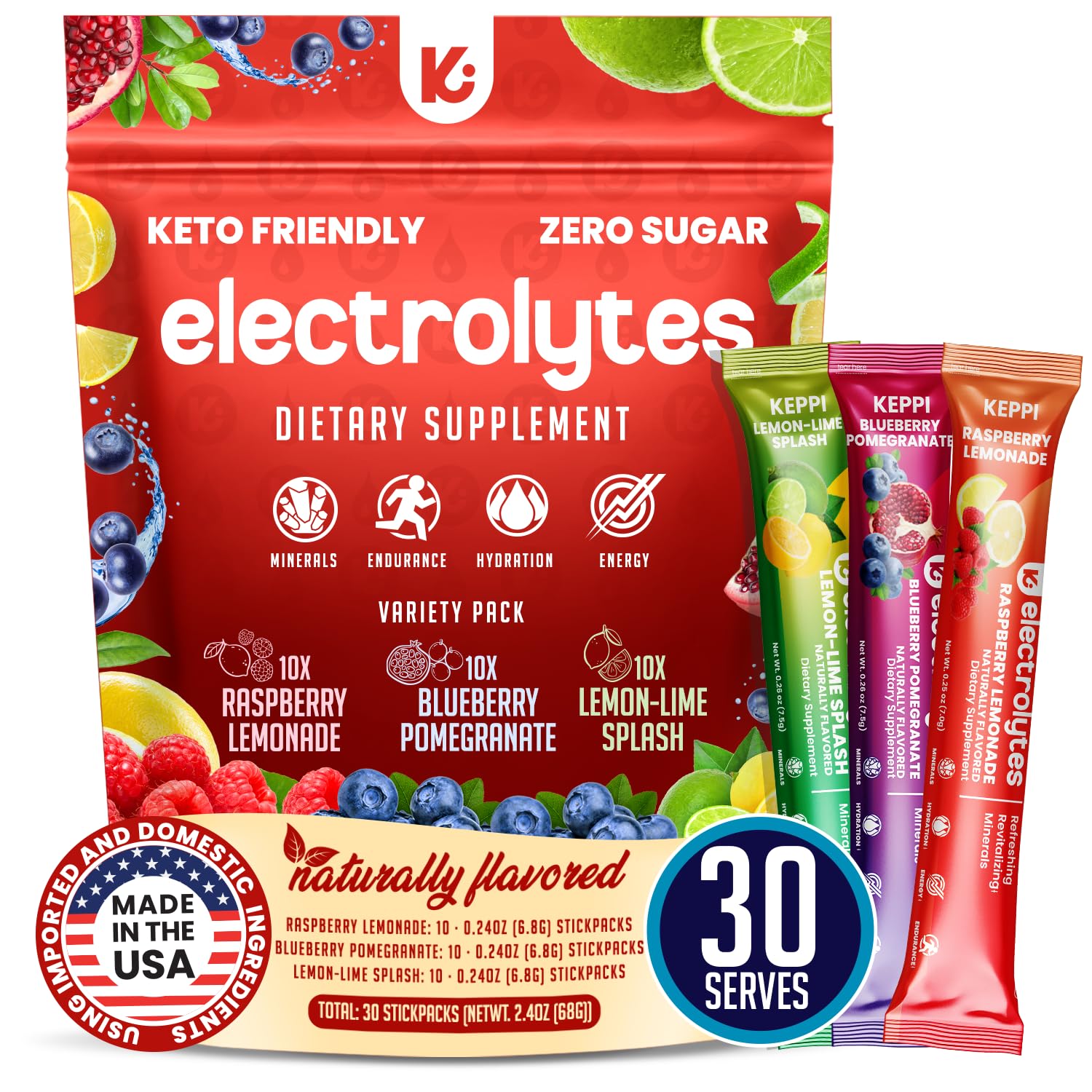 Keppi Electrolytes Powder Packets Assorted Flavors 30 Servings – No Sugar Hydration Supplement with Potassium, Magnesium, Sodium – Keto, Vegan, Fasting-Friendly, Zero Calorie Hydration Packets