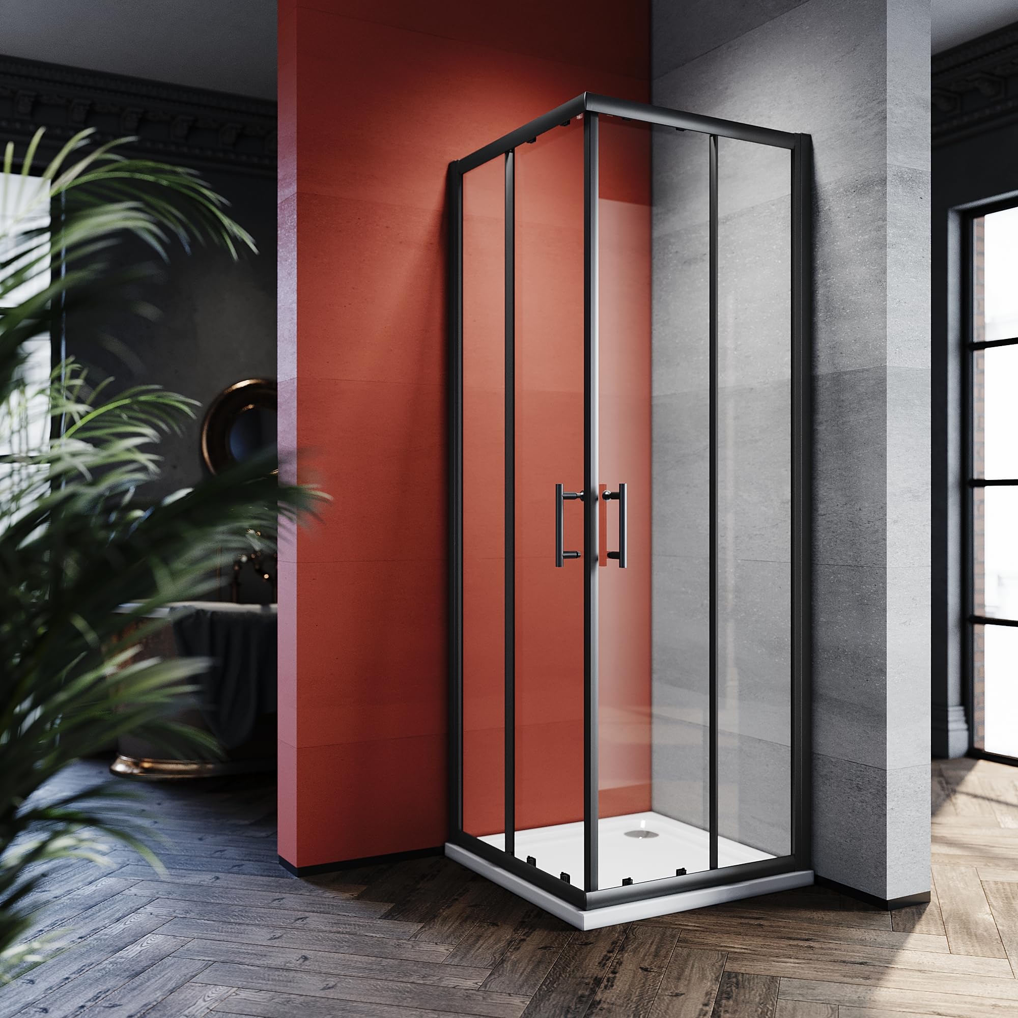 SONNI Cabine de douche d'entrée d'angle 76 x 76 x 195 cm, portes coulissantes, verre trempé de 5 mm, noir | Douche d'angle moderne avec profilés noirs, poignée en H et portes coulissantes pour une utilisation confortable.