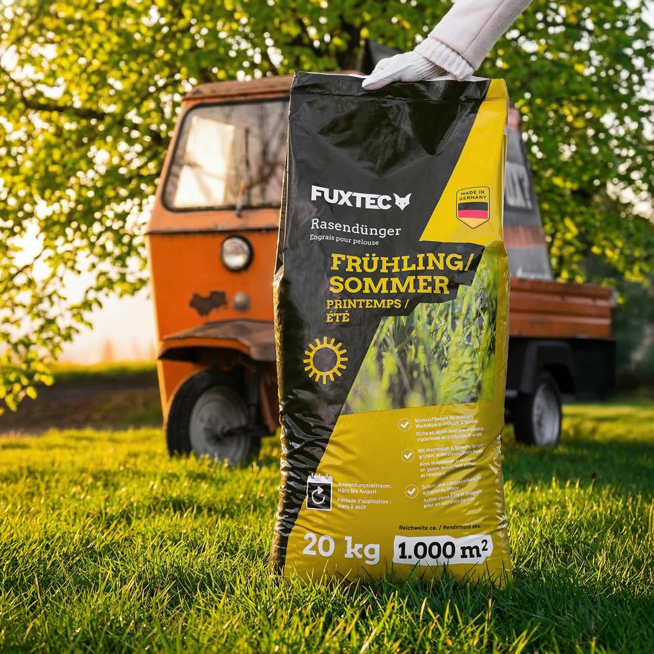 FUXTEC Engrais gazon printemps été FX-RDFS20 – 20 kg rendement 1000m2 fertilisant pelouse NPK 12+3+5 organo-minéral – azote à libération progressive – magnésium et soufre – granulés fins