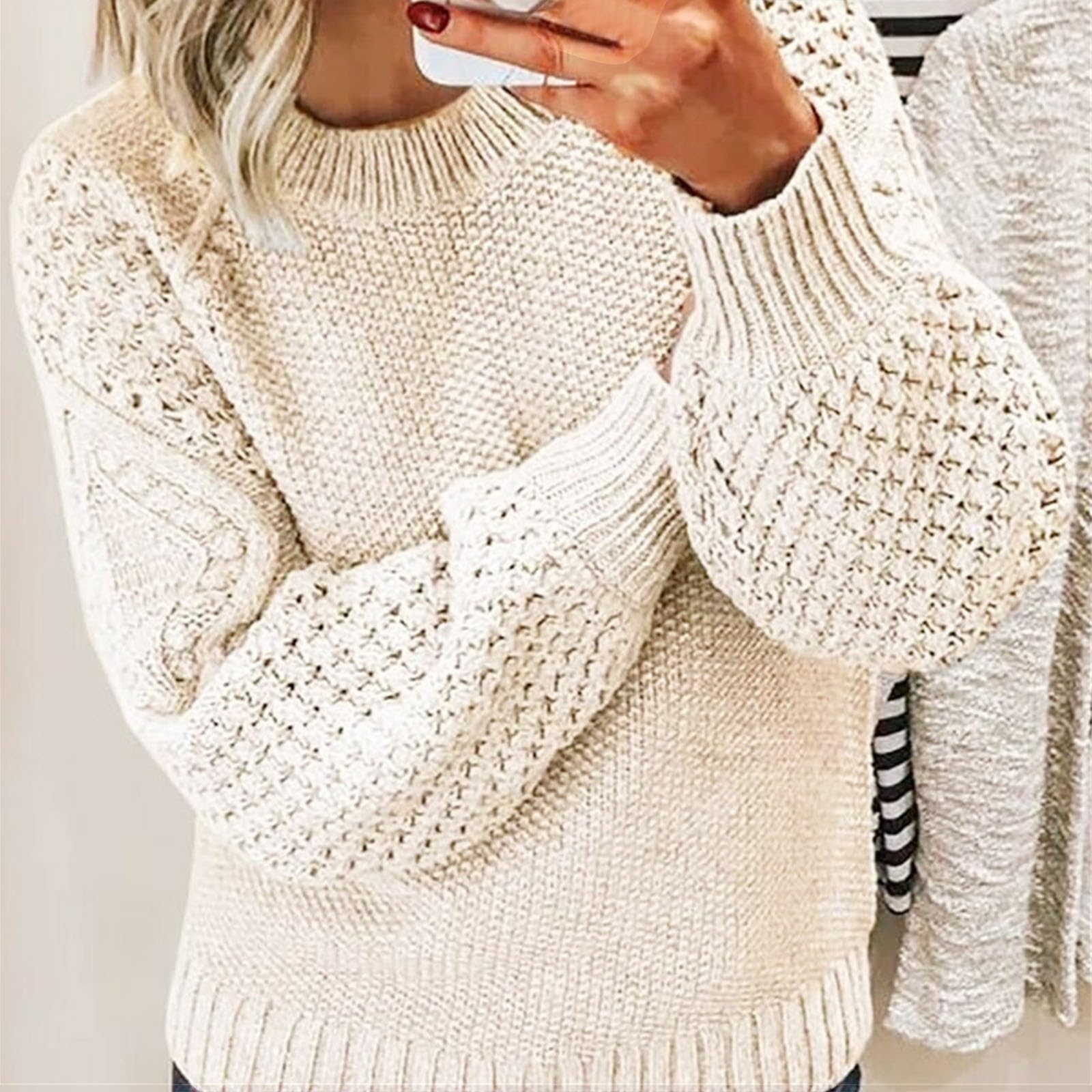 2025 Nuevo Suéter Mujer Elegante Y Elegante Cuello Redondo Suéter Fino Oversize Mujer Manga Larga Sudadera Invierno Grueso Caliente Suéter Casual Ancho Alto Punto Versátil Túnica Color Sólido Xxxxxl