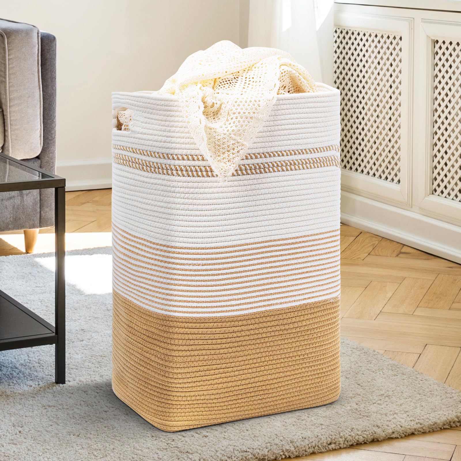 Ollieroo 85L Extra Large Laundry Basket Collapsible, Taller Woven Rope Laundry Hamper with Handles, Cotton Closet Storage Bins for Shelves, Toys, Pillows, Blankets, Clothes and Towels(White&Yellow)