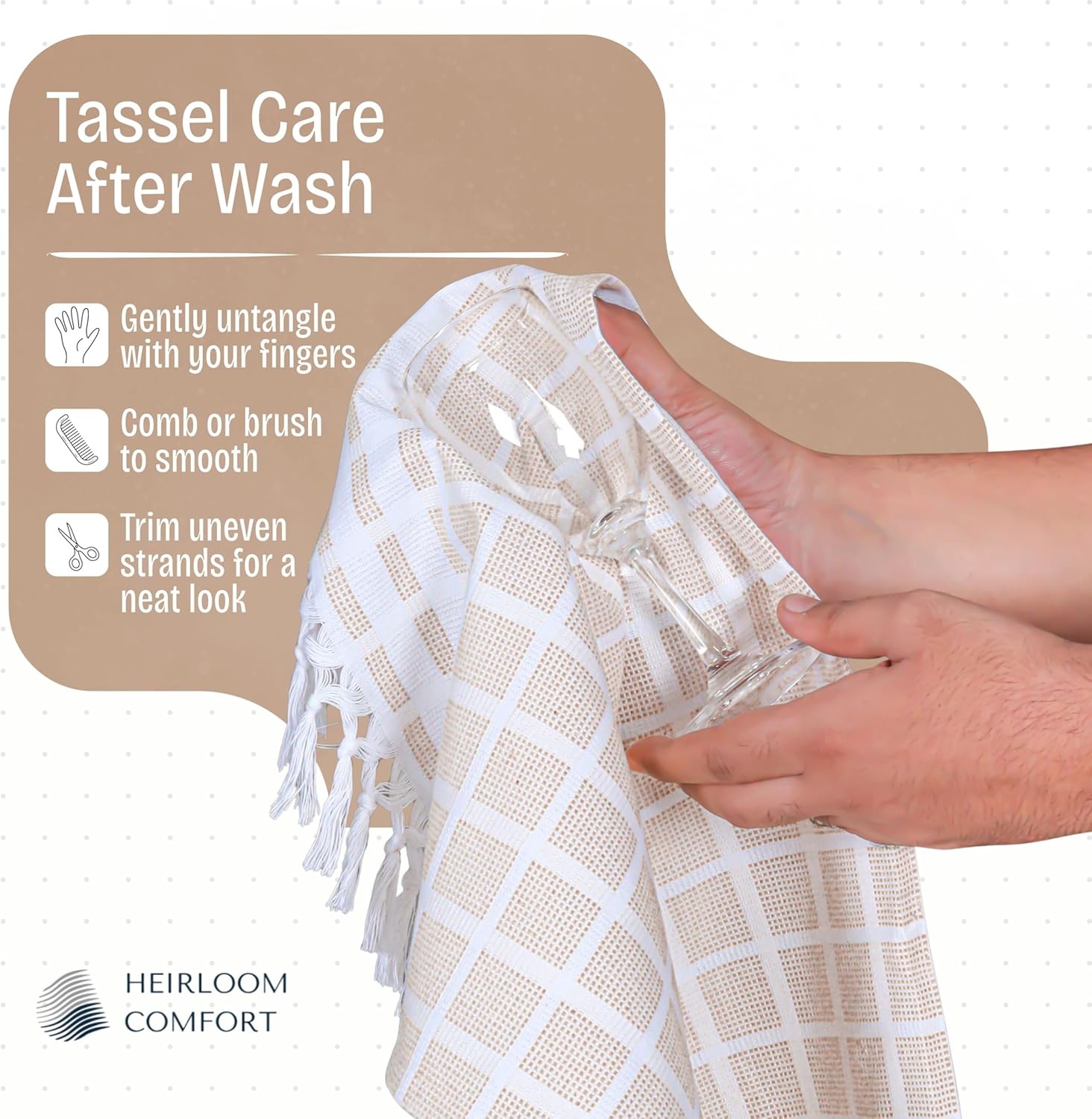 Beige and White Dotted Matrix Towel 5 Pack, 100% Cotton, 16x26 Inch, Decorative Tassel Kitchen Towels, Absorbent & Fast Drying Dish Cloths for Daily Use