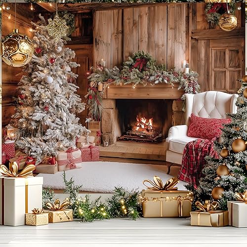 Telón de fondo de chimenea de cabaña de Navidad de 8 x 6 pies para fotografía, pancarta rústica de vacaciones con árbol de Navidad blanco y fondo