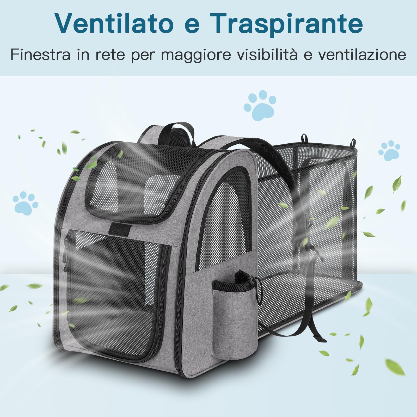 Zaino per Cani Gatti Estensibile, Zaino Gatto Cane 10 kg, Traspirante Zaino Porta Cane Gatto con Finestra a Rete, Zaino Trasportino Gatto Cani con Guinzaglio Interno e Tappetino per Viaggi - Grigio