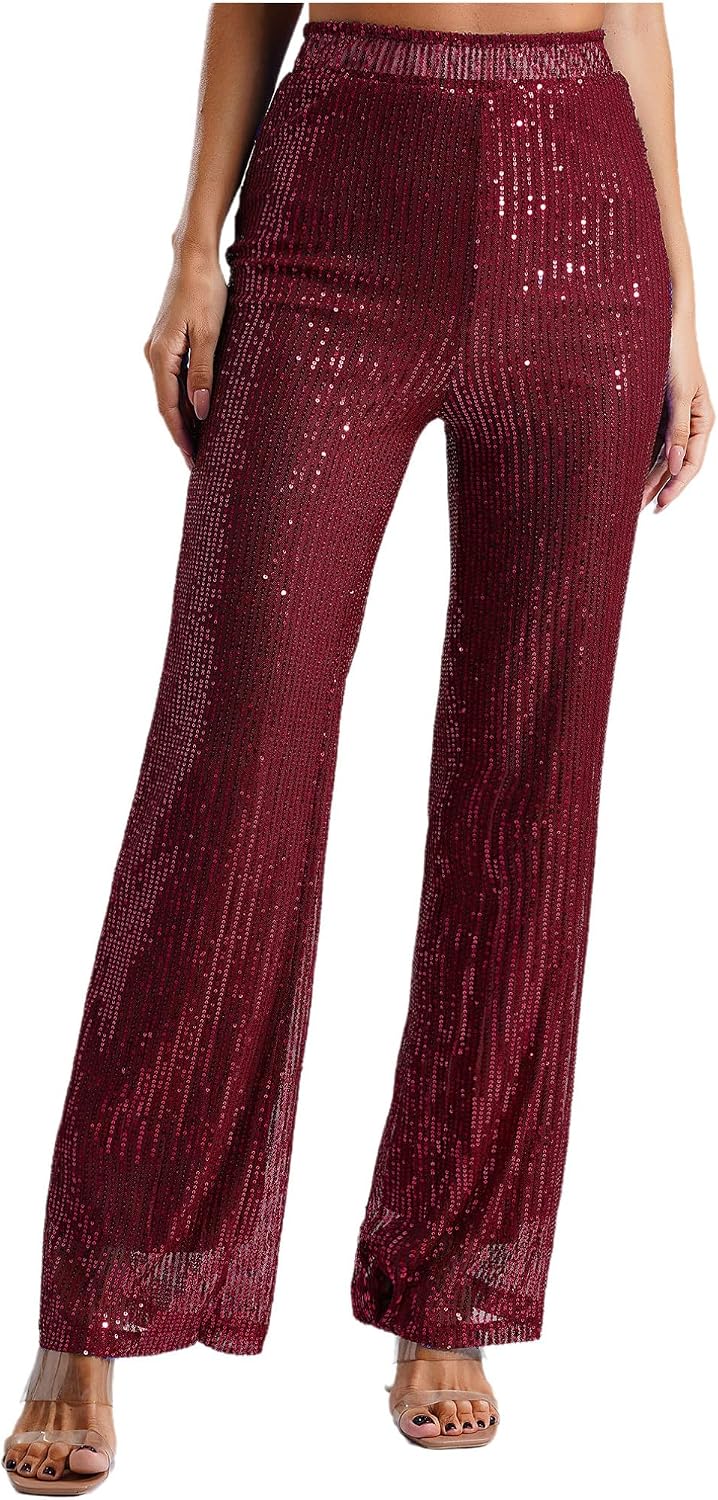 ranrann Womens Sequin Pants Sparkly Glitter High Waisted Wide Leg Trousers Bottom Night Out Clubwear