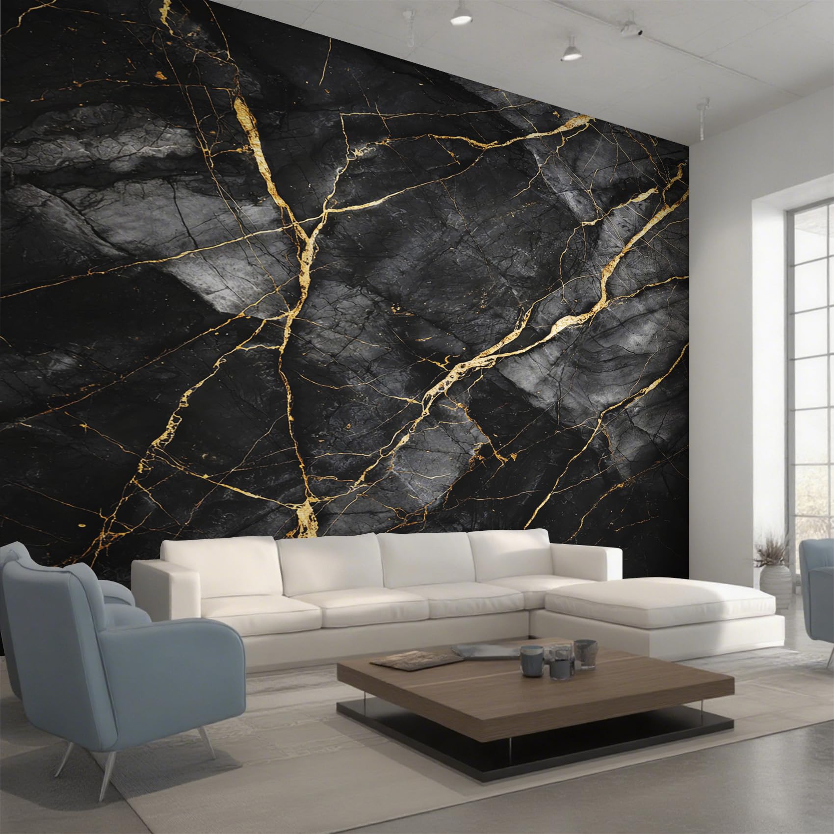 Non-Woven Black Gold Marble Wallpaper - Modern Abstract Marble Effect Wall Mural for Bedroom, Living Room Background Decoration, Home Decor Photo Wall Paper 450x315 cm (WxH)