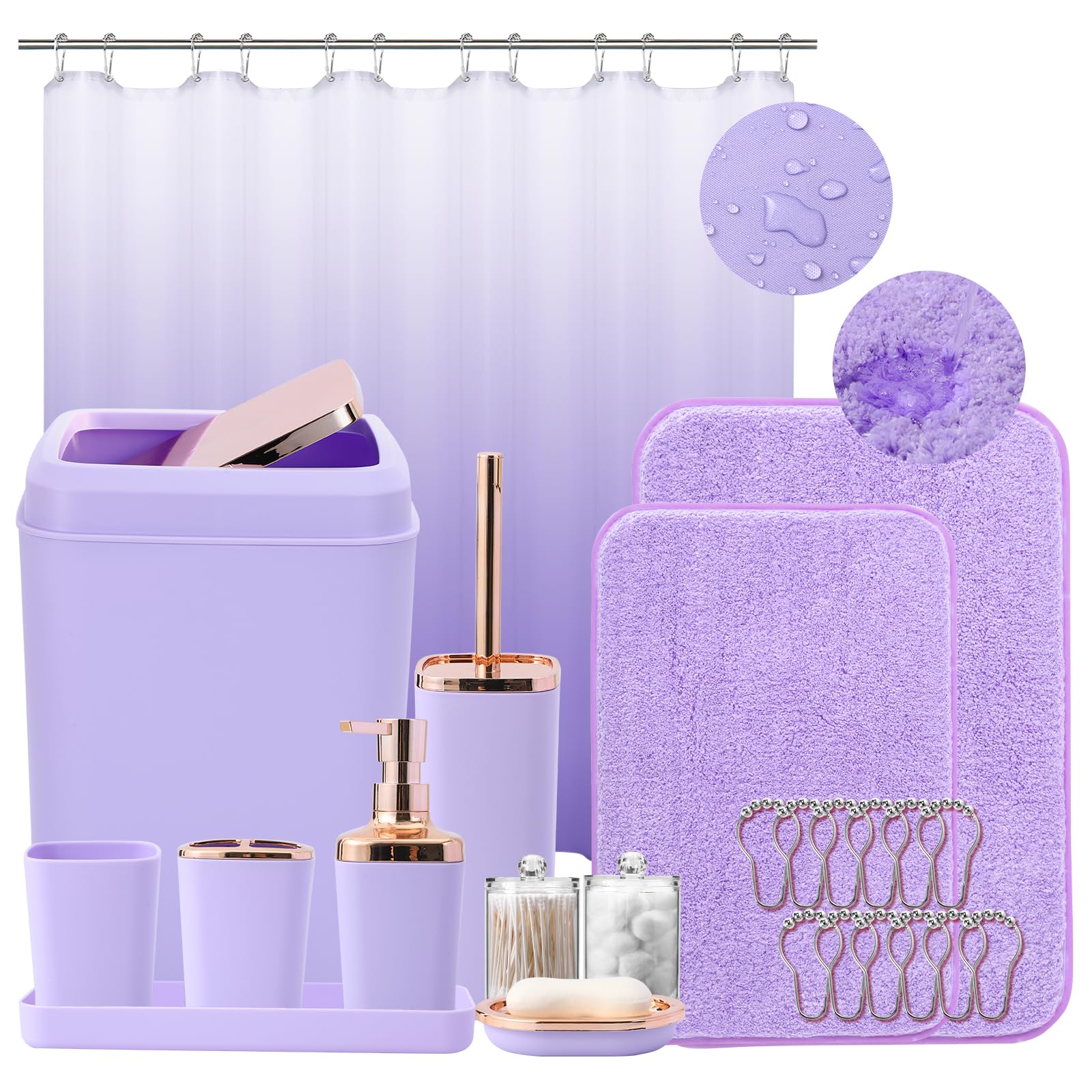 Bathroom Accessory Set–Bathroom Sets with Shower Curtain and Rugs, Non Slip Bathroom Rugs Super Absorbent, Light Purple Ombre Shower Curtain with Hooks, Lavender Bathroom Sets Complete for Home