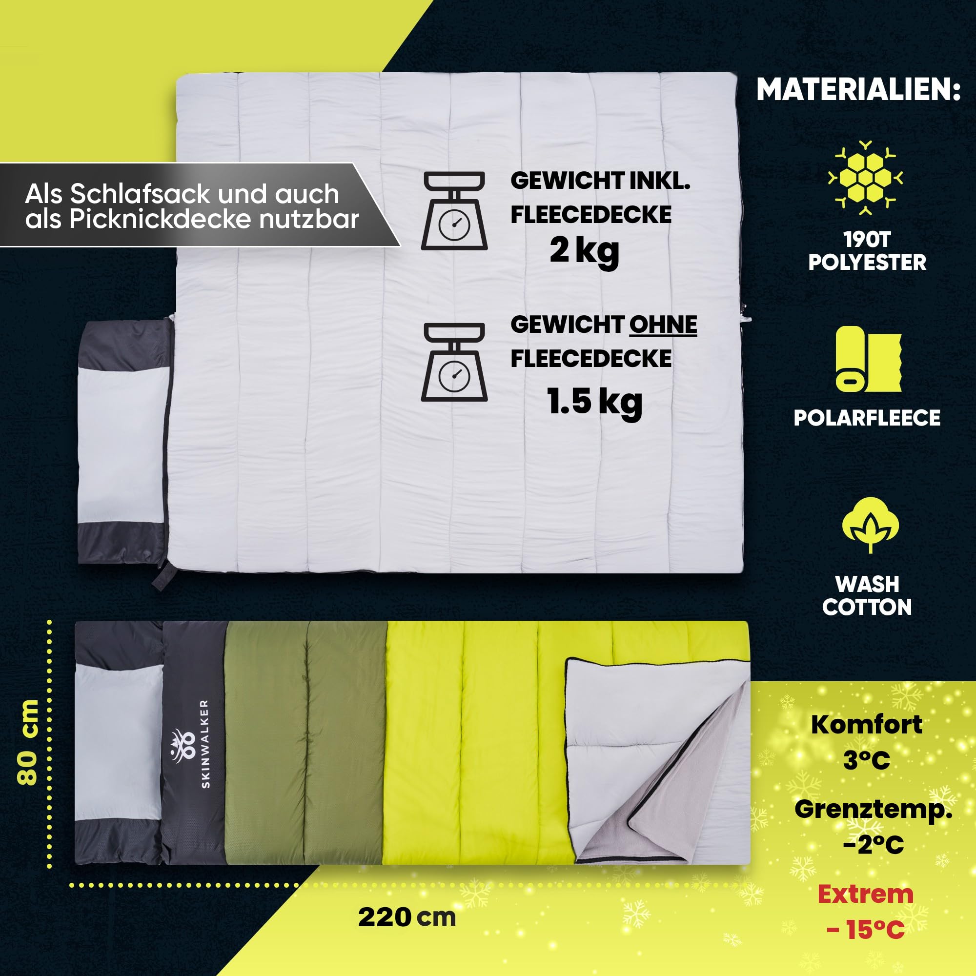 SKINWALKER Schlafsack Winter Outdoor bis −15°C mit Abnehmbarer Fleecedecke | Winterschlafsack für Erwachsene | 3–4 Jahreszeiten Sleeping Bag & Deckenschlafsack Sommer & Winter