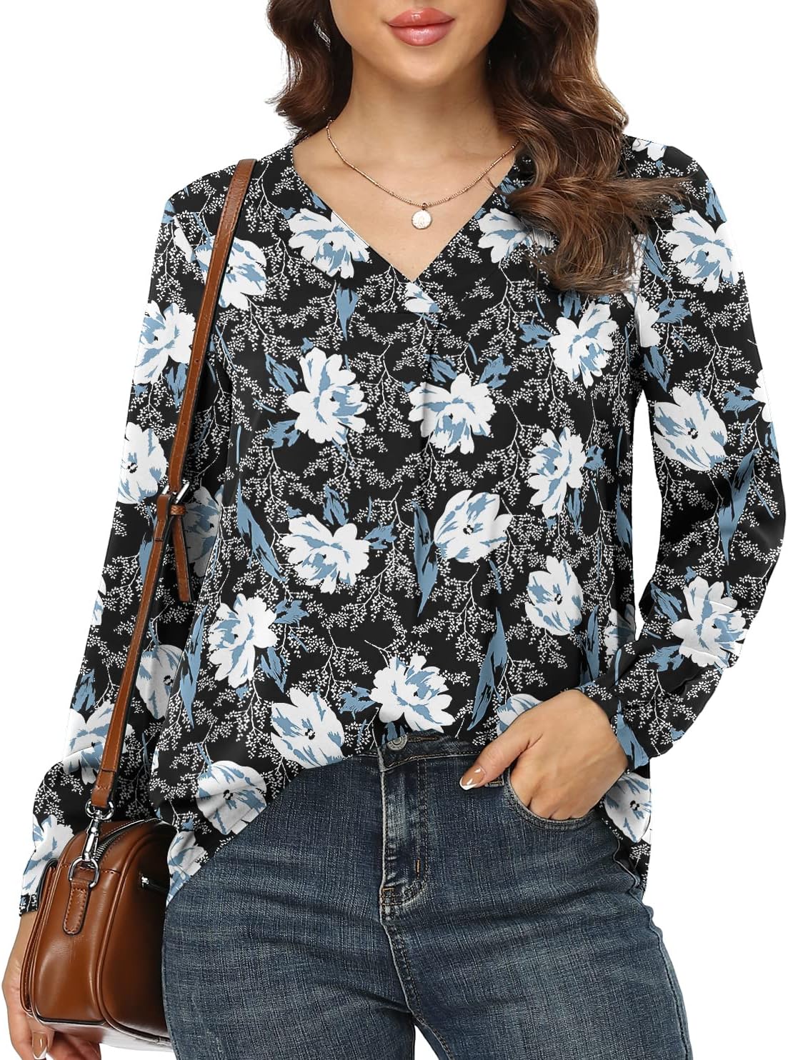 Jouica Blouses for Women Casual Chiffon Blouse Tops Loose V Neck Long Sleeve Blouse