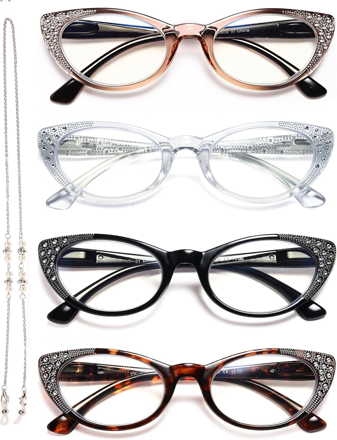 EYEURL 4-Pack Cat Eye Reading Glasses for Women Blue Light Glasses Fashion Computer Readers with Spring Hinge Anti-Glare Readers for Women 1.75