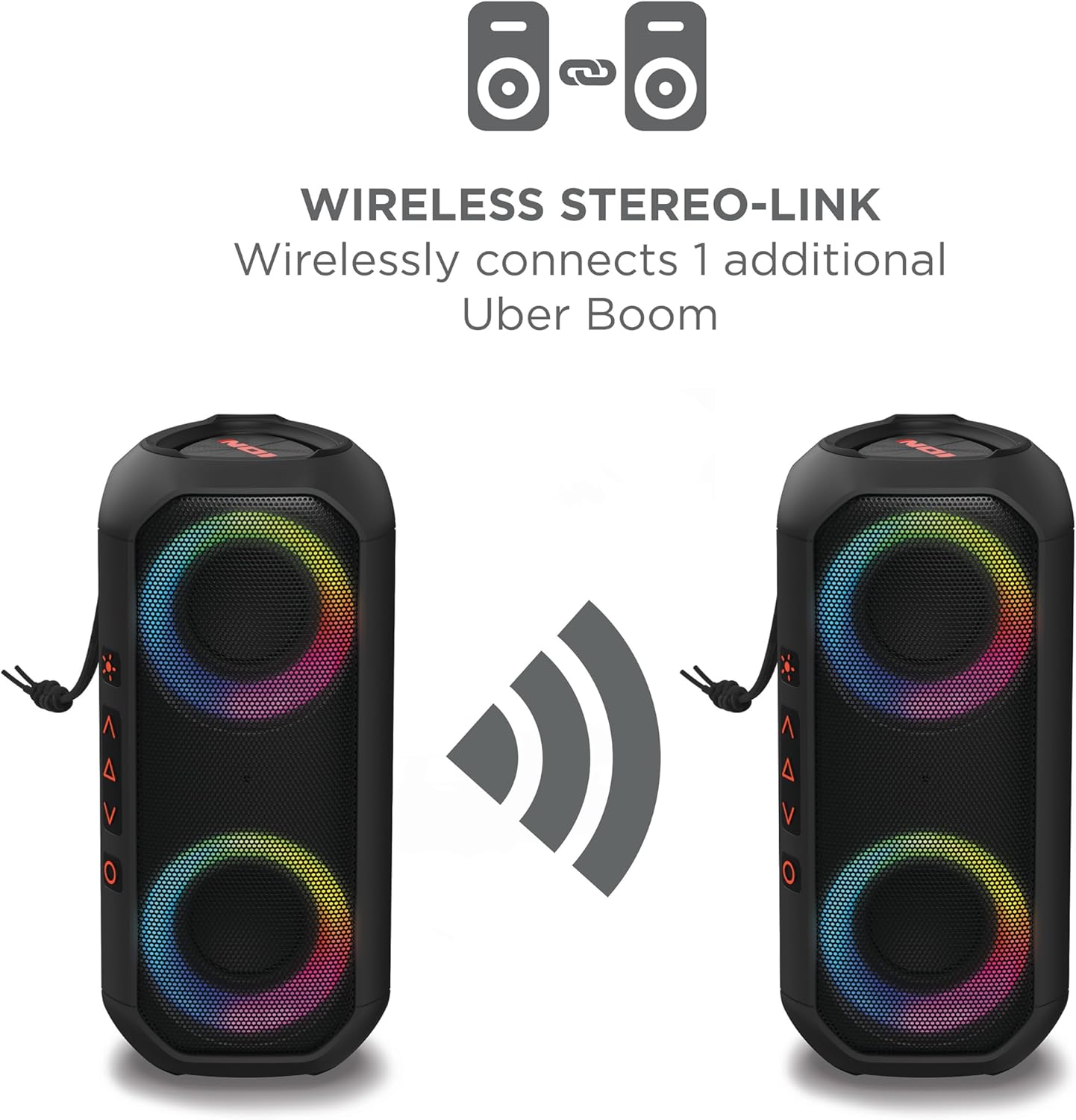 Ion Audio Uber Boom - Water resistant Portable Bluetooth Speaker with Party Lights, Built-in Microphone and Stereo-Link (Renewed)