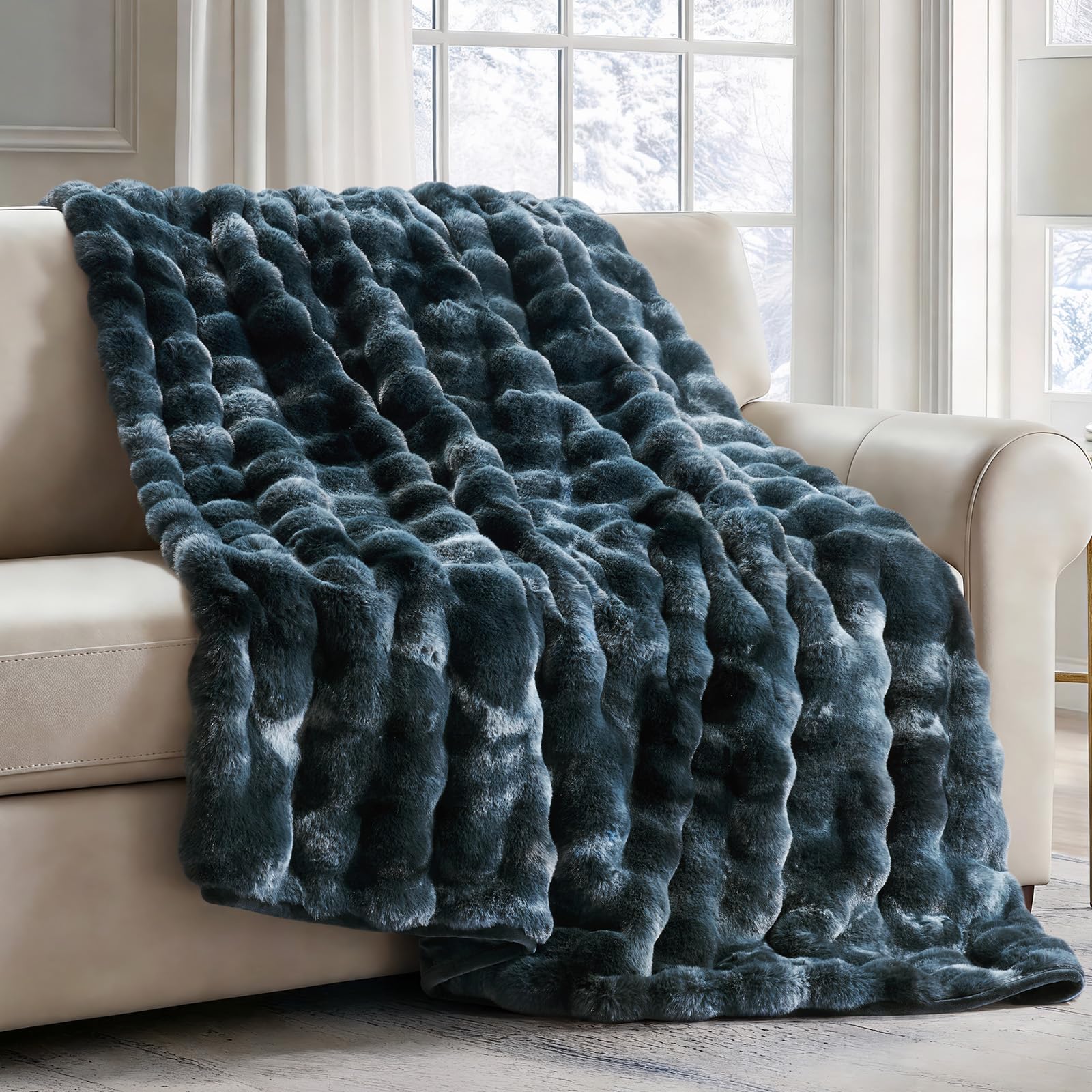 Photo 1 of EverGrace Ultra Soft Luxury Fluffy Faux Rabbit Fur Throw Blanket, Thick Warm Bubble Throw for Bed, Cozy Plush Reversible Blankets for Couch, Chair, Sofa, Marble Deep Indigo, 60x80 Inches
