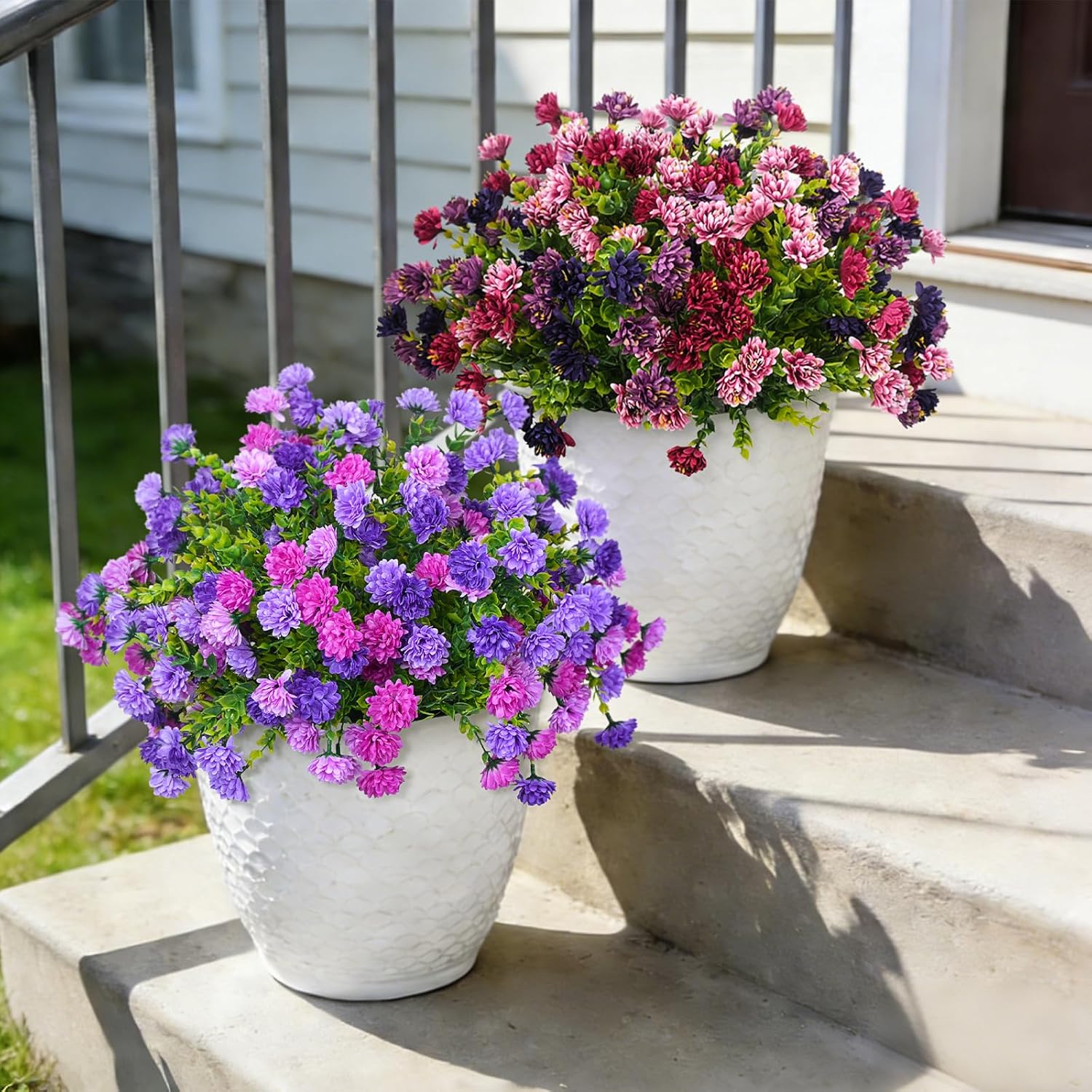 Artificial Flowers for Spring Outdoors Decoration, Fake Silk Marigold Flower with Look Real Eucalyptus Leaves UV Resistant Faux Plants for Garden Porch Planter Patio Balcony Yard Home Decor - Image 2