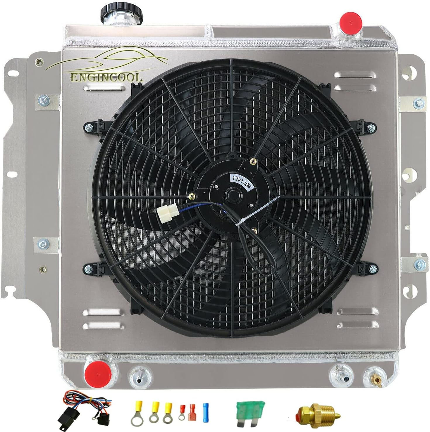4 Row Radiator for 1987-2006 Jeep Wrangler/1997-06 TJ 4.0 4.2L L6 2.5L L4 Gas Radiador Full Aluminum Radiators Shroud 16" Fan Relay Kit Radiadors