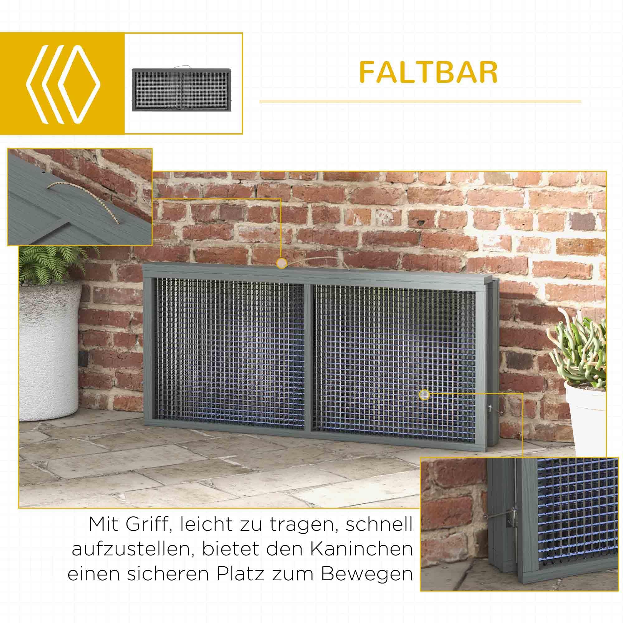 PawHut Hasenstall Klappbar Kaninchenstall aus Holz 110 x 105 x 50 cm Kaninchenkäfig mit aufklappbarem Dach, Freilaufgehege, Griff, Stahlgitter, Hasenkäfig für Meerschweinchen Outdoor Grau