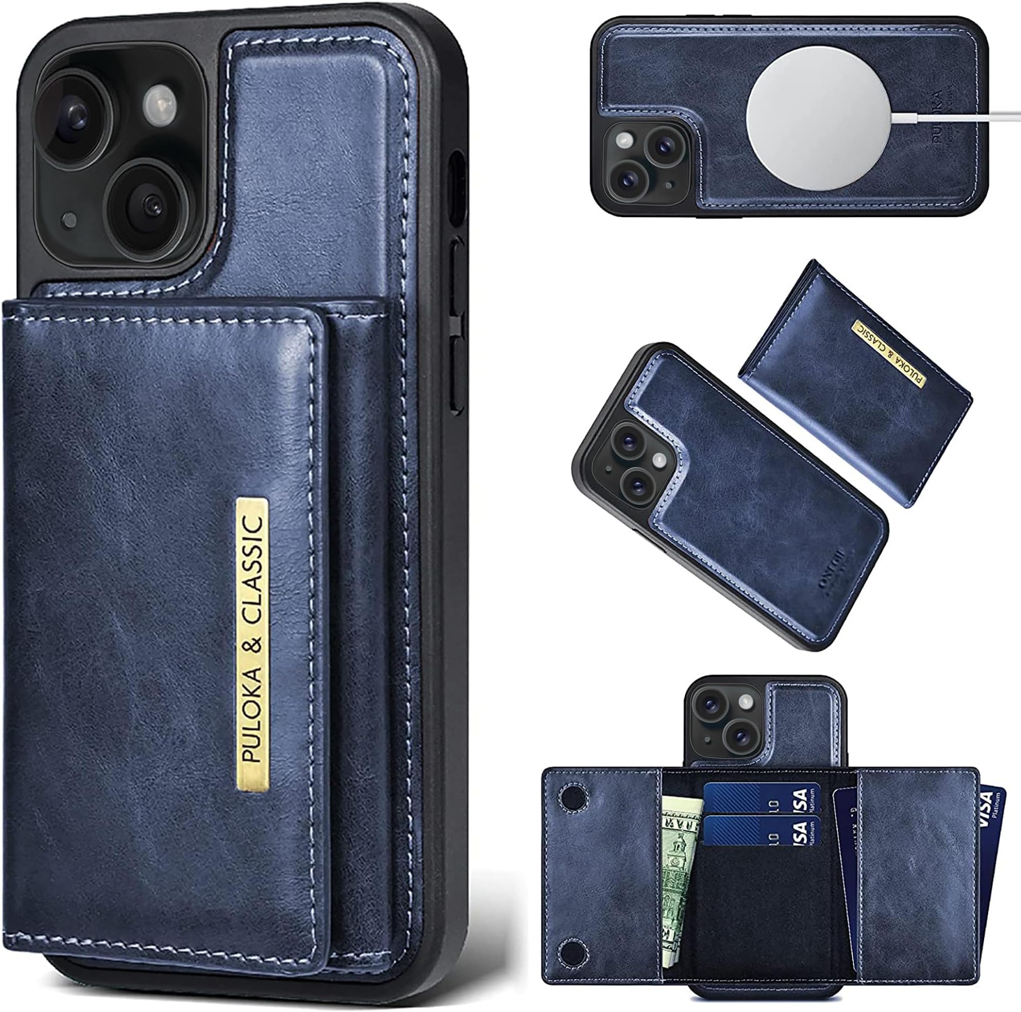 PULOKA Wallet Back Case - Compatible with iPhone 15 Plus - Vegan Leather Phone Cover - Detachable Card Holder Case with Kickstand - Shockproof, Anti Scratch & Raised Edges for Protection - Blue