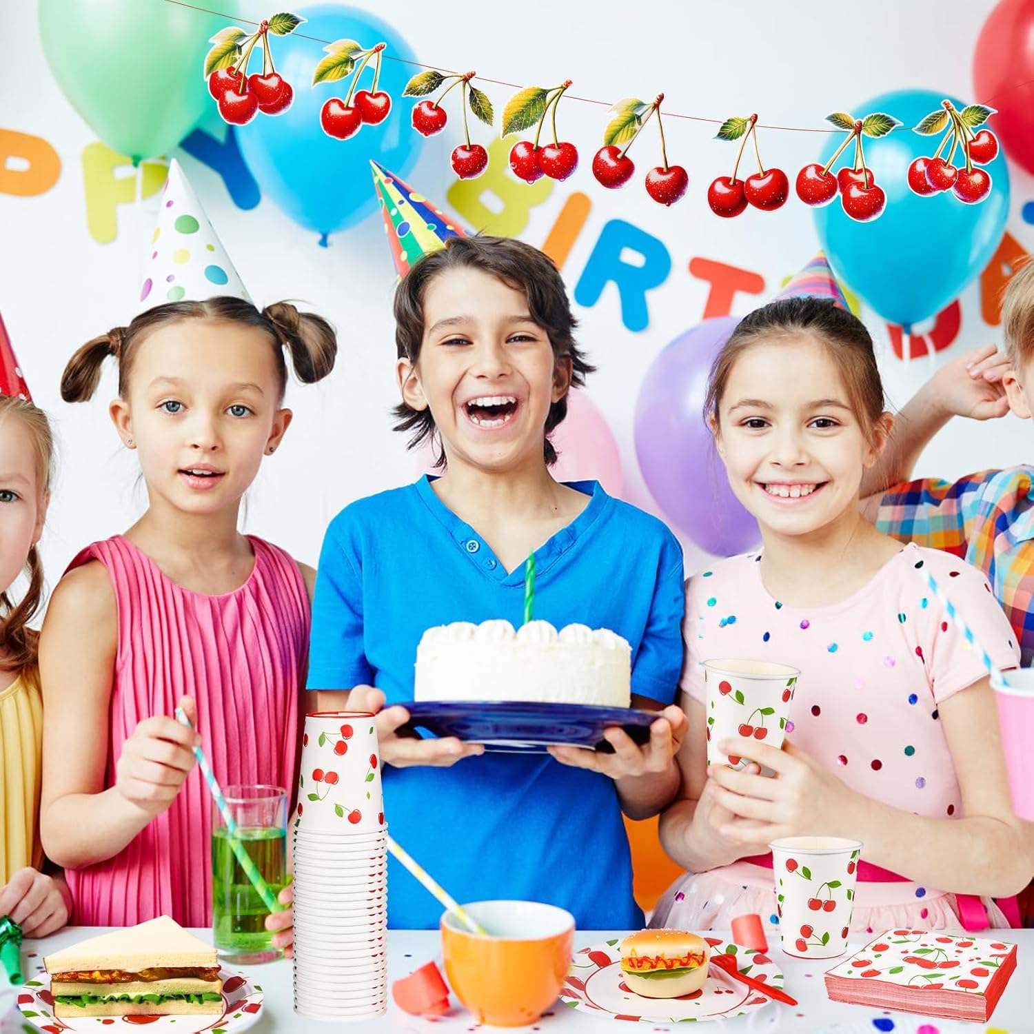 200 Pcs Cherry Party Decorations Disposable Tableware Set Serves 48 Cherry on Top Plates and Cups Napkins Forks and Hanging Cherries Decor for Cherry Birthday Theme Party Supplies