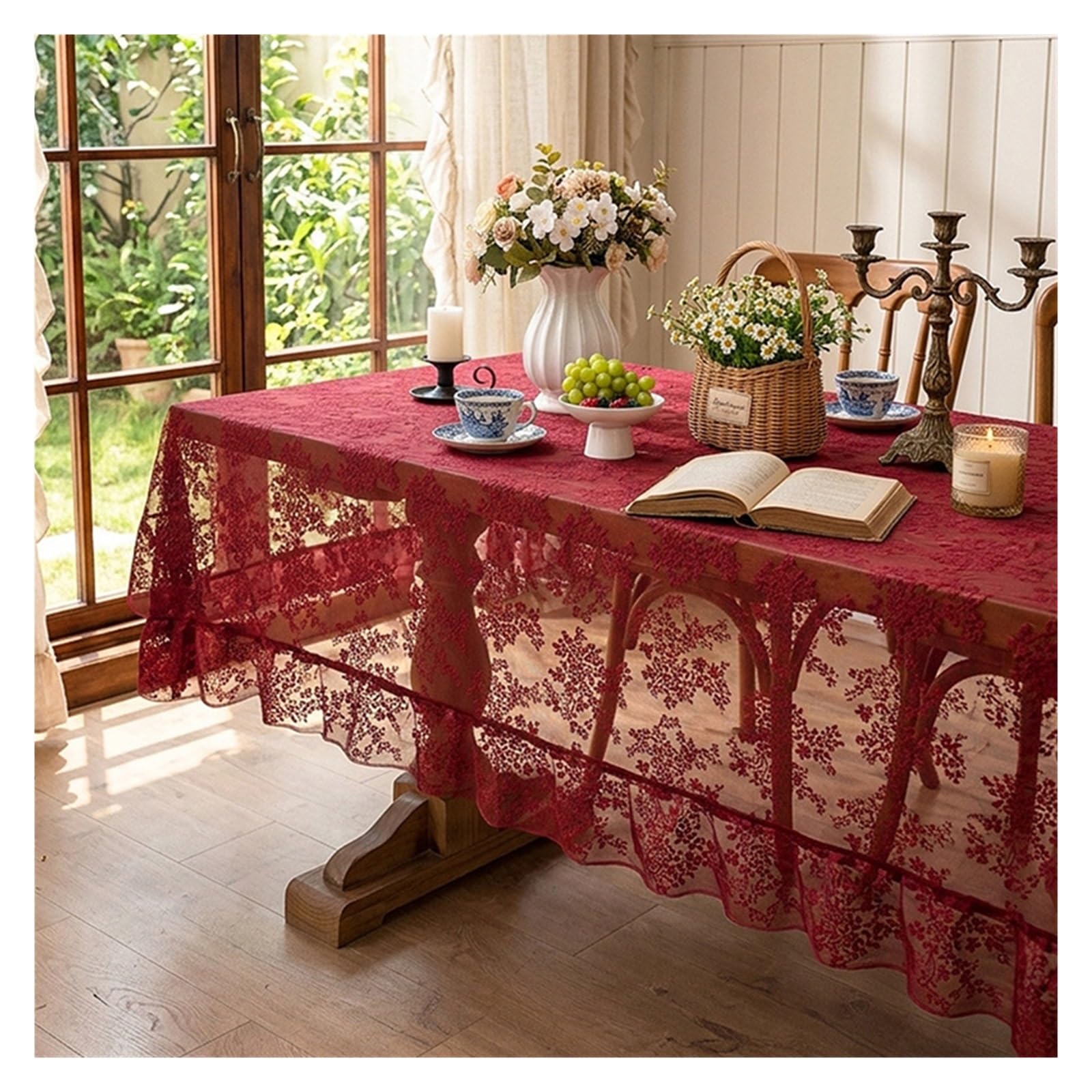 NJIEzhao Embroidered Lace Tablecloth Embroidered Lace Tablecloth Elegant Floral Rectangular Hollow Out Decorative Table Cover(Burgundy,140x100cm)