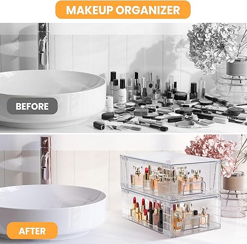 Miniatura 7 de 2 Pack Stackable Storage Drawers,Plastic Organizers Bins, Drawers Storage with Handles and Movable Dividers for Organization and Storage in