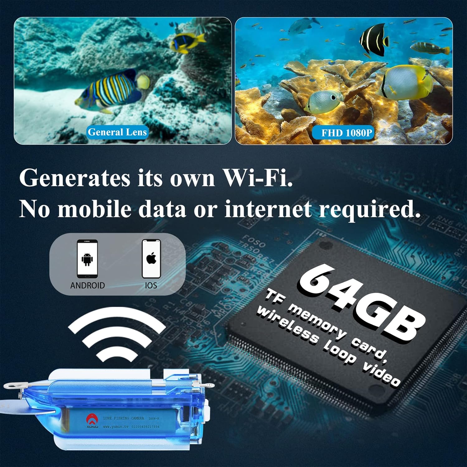 XiLiHaLa Wireless Underwater Fishing Camera 1080P,Wi-Fi Fish Cam with 64GB TF Card, Rechargeable Battery Loop Recording, Compatible with iOS and Android XiLiHaLa Wireless Underwater Fishing Camera 1080P,Wi-Fi Fish Cam with 64GB TF Card, Rechargeable Battery Loop Recording, Compatible with iOS and Android