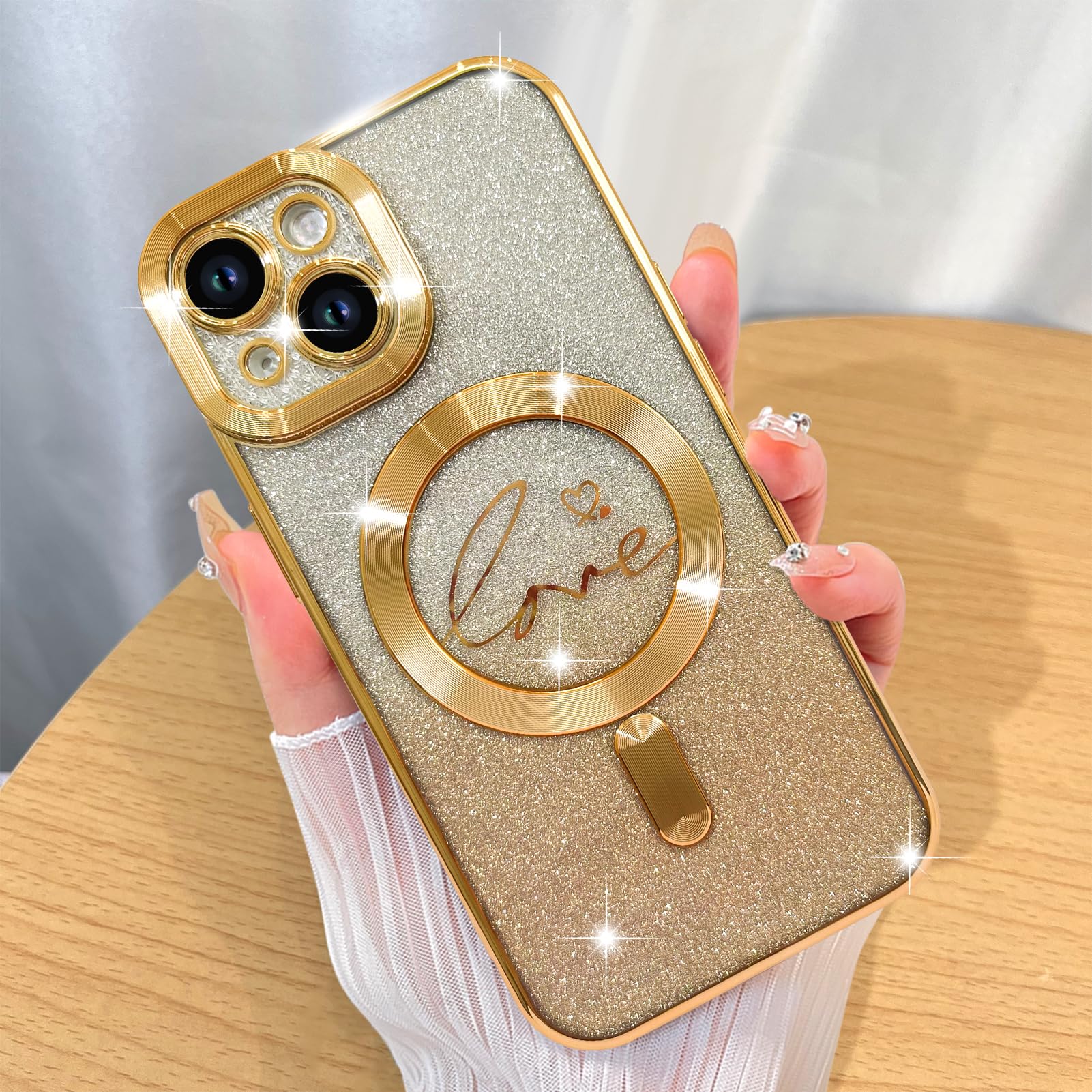 ZIYE Magnetic Case Designed for iPhone 15 Glitter Case Luxury Plating Love Heart Compatible with MagSafe Clear Case with Camera Protector Protection