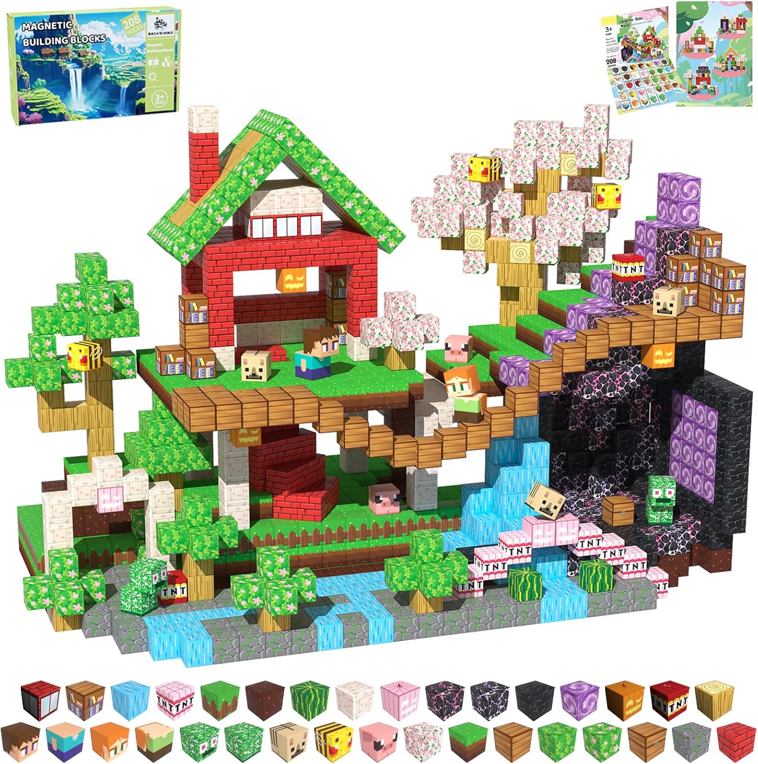 Magnetic Blocks, 208PCS Magnetic Building Blocks, Stacking Magnets for Kids, Sensory Toy for STEM Constructions Magnet Blocks for Boys Girls Age 3+, Christmas Birthday Gifts (Sakura Forest)