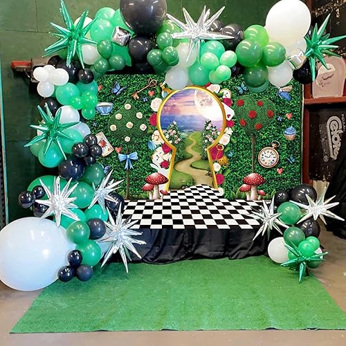 Miniatura 9 de Telón de fondo para fotografía del país de las maravillas de 7 x 5 pies, decoración de fiesta de té, cuento de hadas, castillo, conejo, hoja verde,