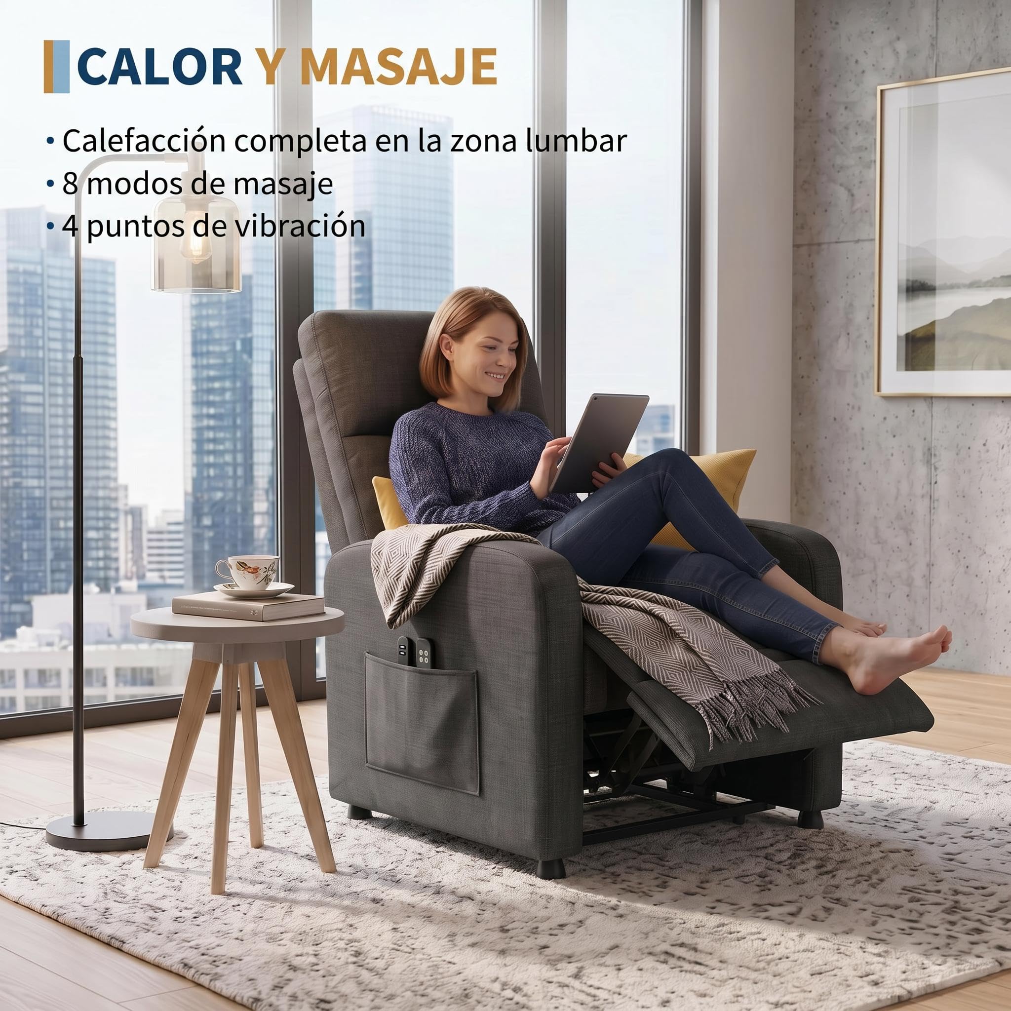 Litake Sillón Eléctrico Reclinable con Masaje y Calefacción, Sillón Relax con 4 Puntos de Masaje y Calor, Tapizado de Lino, Estructura de Hierro, para Sala de Estar, Puerto USB, Marrón
