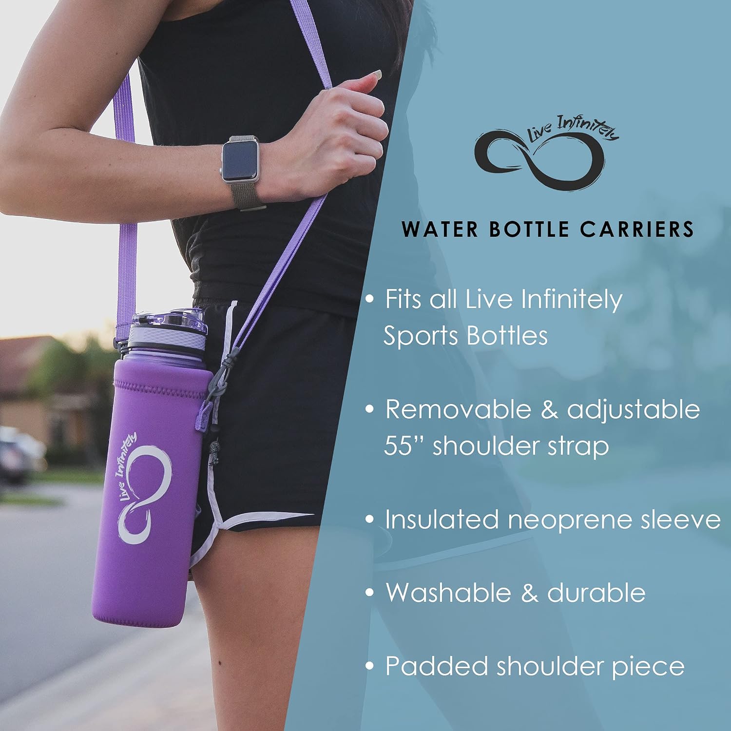 Live Infinitely Universal Water Bottle Carrier - Removable & Adjustable Strap Bottle Holder for Walking, Running & Hiking - Keeps Drinks Cold Due to Insulated Neoprene Sleeve