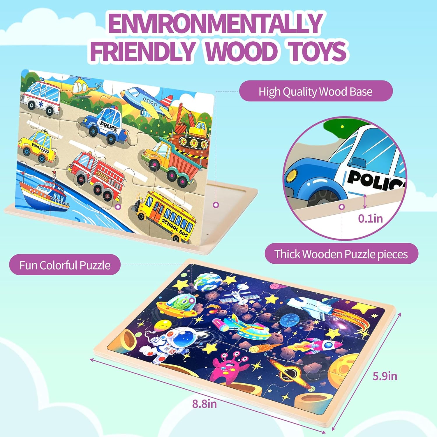 Wooden Puzzles for Toddler Ages 3+, 12 Piece Vehicle Farm Space Ocean Jigsaw Puzzles for Kids 4 Packs, Preschool Toddlers Learning Activity Puzzles Toys for Boys Girls 3 4 5 6 Years Old