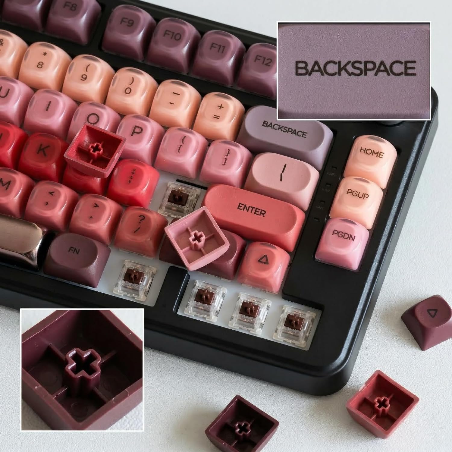 132 Keys Red Pink Gradient Jelly Keycaps, PBT PC Keycap Set, HOA Profile Lipstick Red Rose Keycaps for Mechanical Keyboard 60% 65% 75% 87% 100% ANSI Layout,Cherry/Gateron Mx Switches