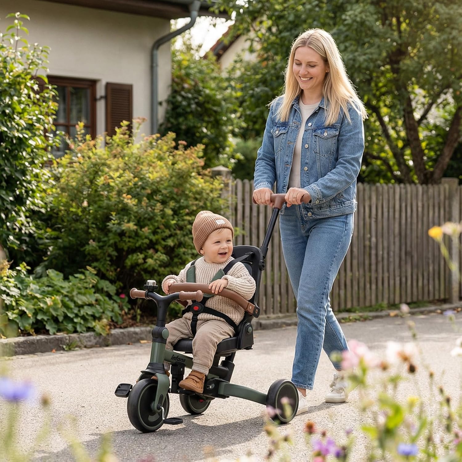 INFANS 9-in-1 Foldable Toddlers Tricycle, Converts Stroller to Balance Bike with Adjustable Push Handle, Canopy & Backrest, Pedal Conversion, Retractable Rear Wheels for 1-6 Years (Green)
