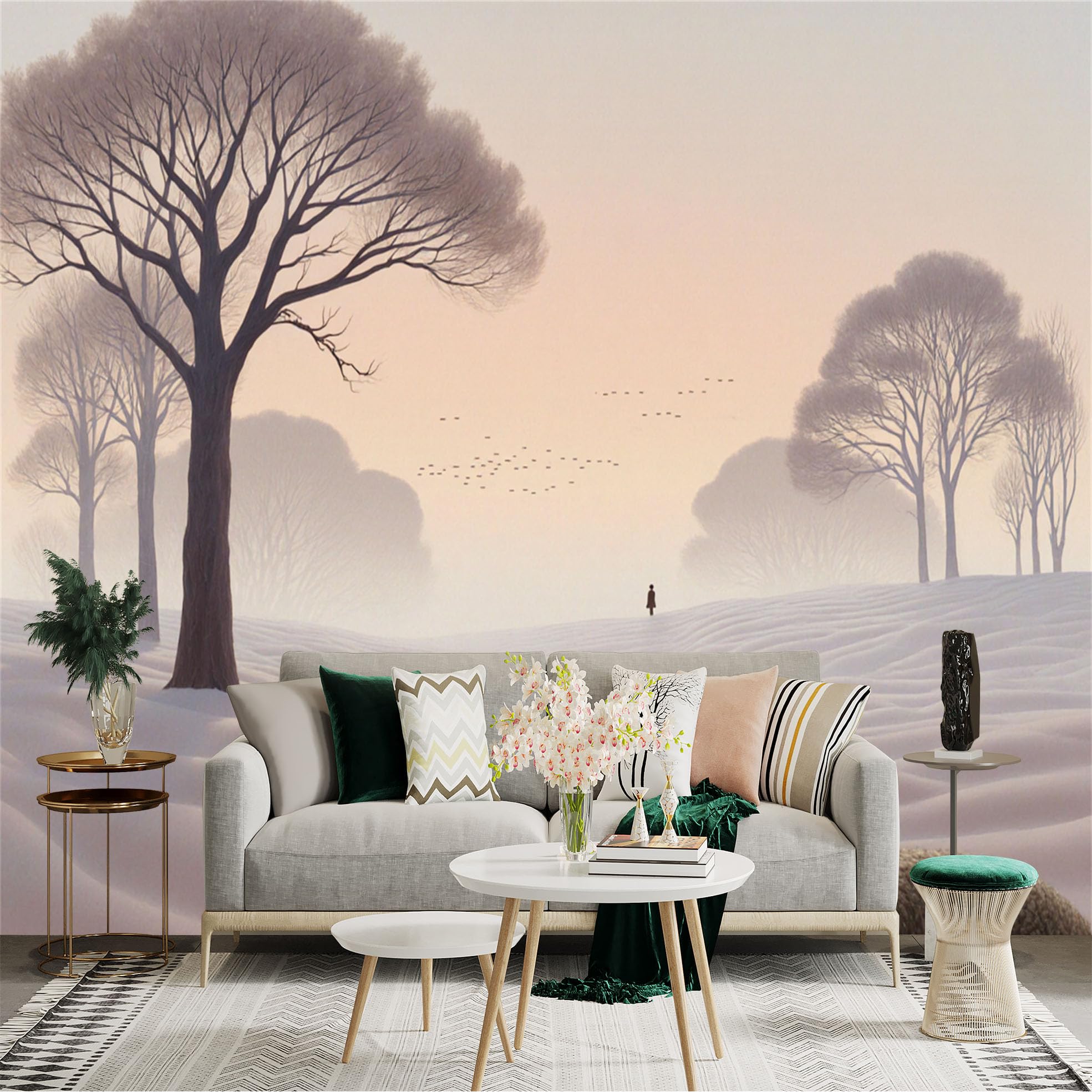Custom Size Wall Sticker Mural， Winter Landscape with Bare Trees， Soft Snowfield and Misty Sunset Sky， for wall Decoration， peelandstick wall Decals.