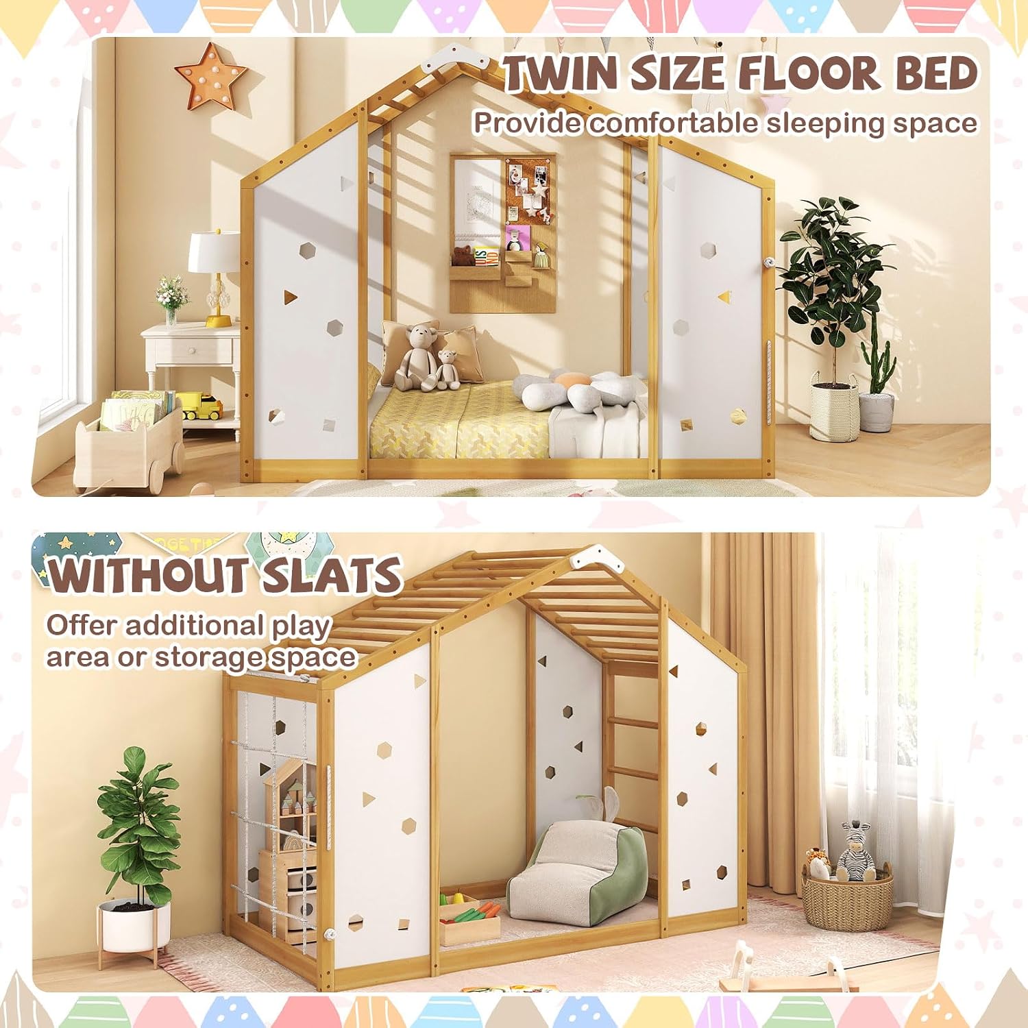 Giantex Twin Size Montessori Floor Bed, 3-in-1 Indoor Kids Jungle Gym Playground with Climbing Slide Swing Net, Monkey Bars, Wood House Bed Frame with Playset for Boys Girls, Natural+White