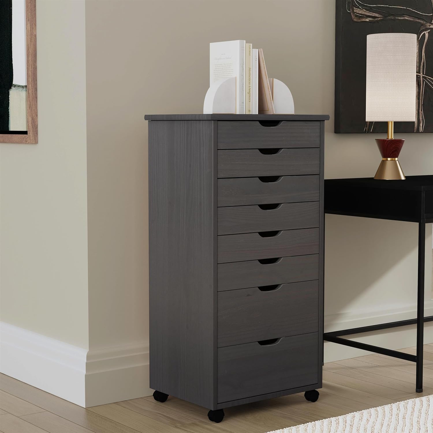 Linon Callie Eight Drawer Rolling Storage Cart in Gray Wood