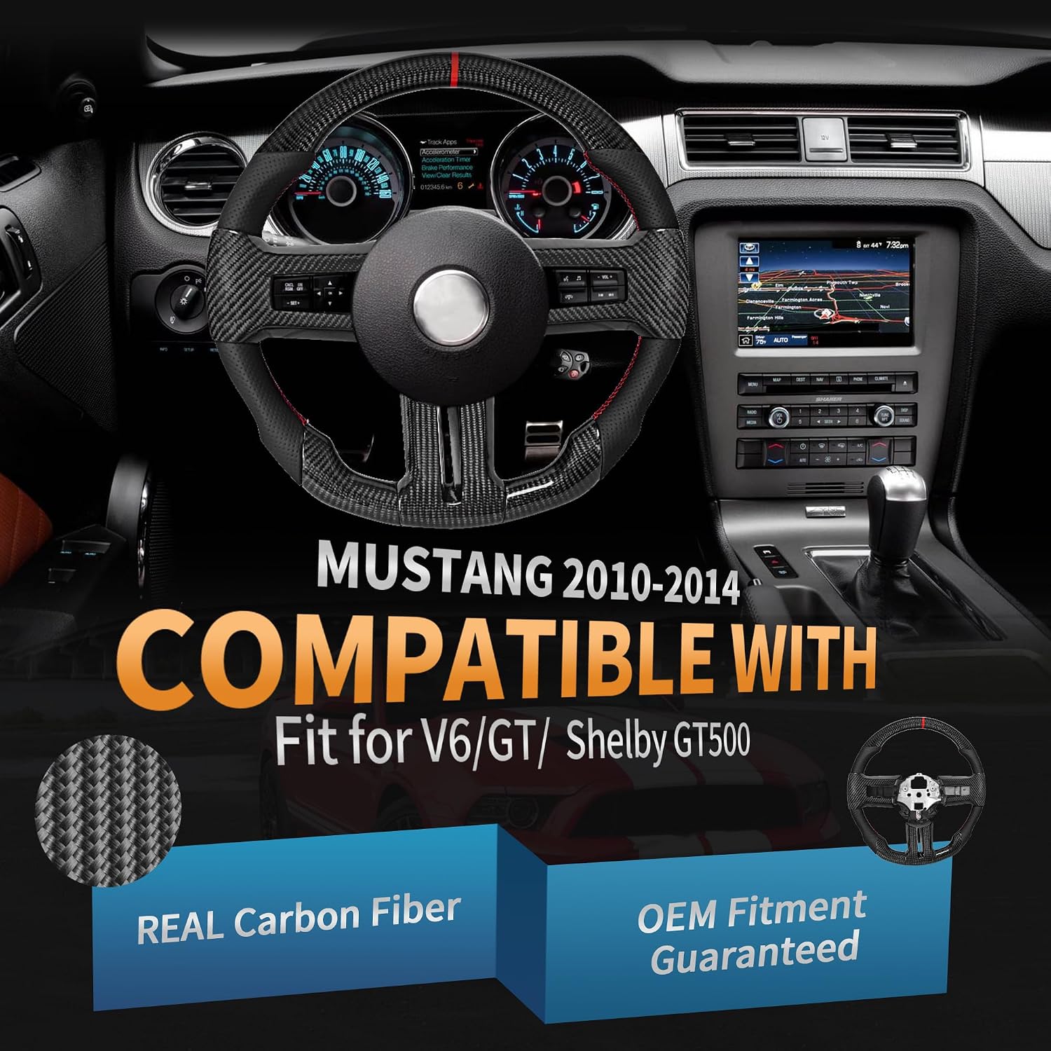 Real Carbon Fiber Steering Wheel for Ford Mustang EcoBoost/GT/V6/Shelby GT350/GT500 2012-2014,D-shaped Flat-bottom Nappa Perforated Leather Grip with Trim,Centering Line