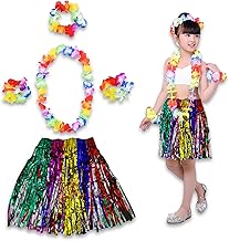 Premium Hawaiian Luau Leis Flower Garland Necklace Headband Bracelets Skirt (Set of 5)