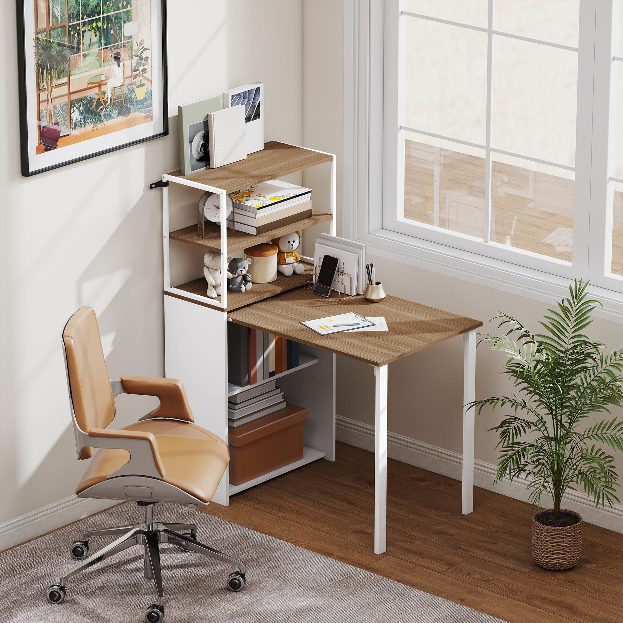 HOMCOM Escritorio Plegable con Estantería Estudio 105x60x127 cm Natural | Mesa de Escritorio con 4 Estantes, Mesa de Ordenador para Espacios Pequeños, Oficina en Casa