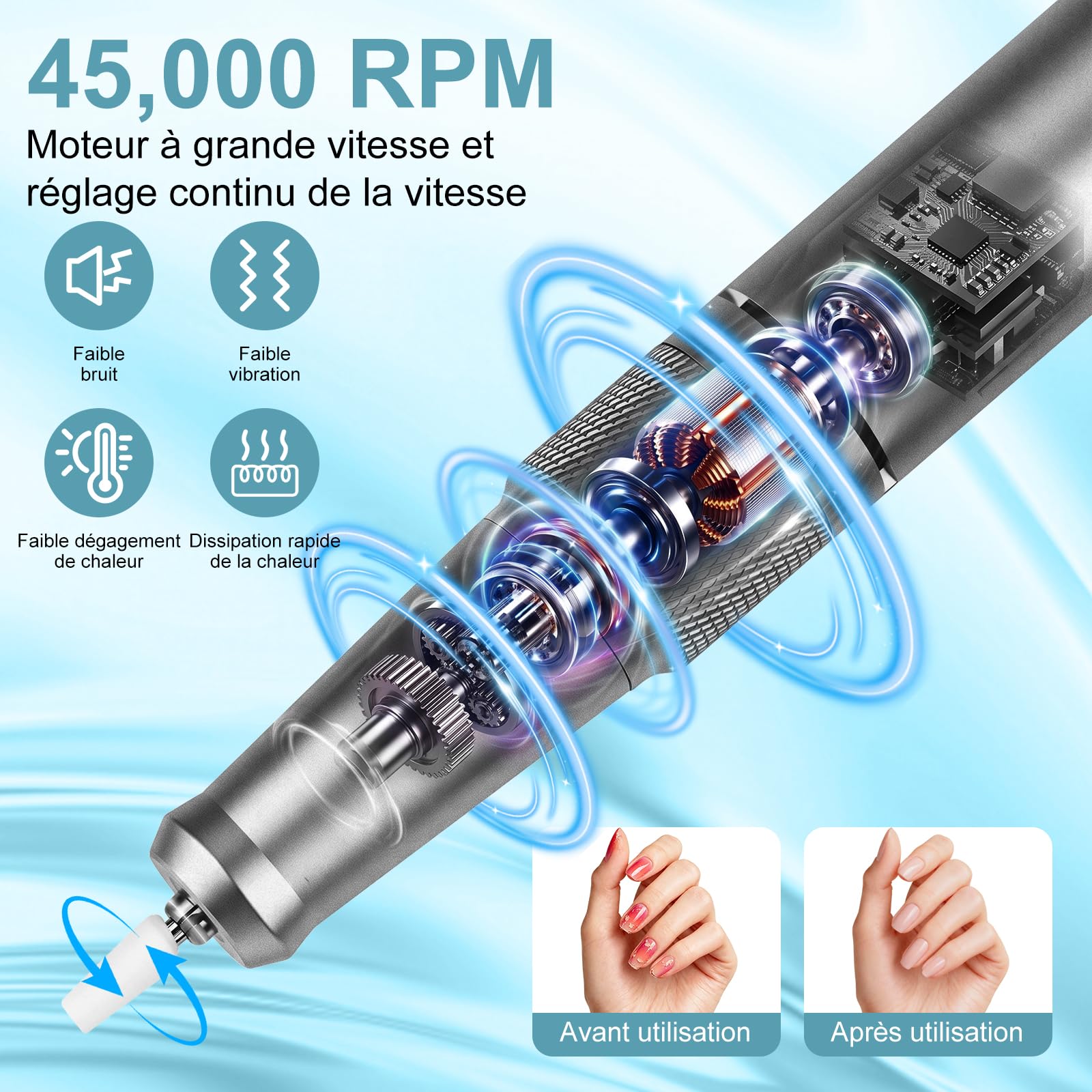 Ponceuse pour Ongles Professionnelle 45000 RPM,12 en 1 Lime a Ongle Electrique Portable,Ponceuse Ongles avec Écran LCD & Support,Lime à Ongle Electrique Silencieux,Conçu pour Les Salon,(Gris)